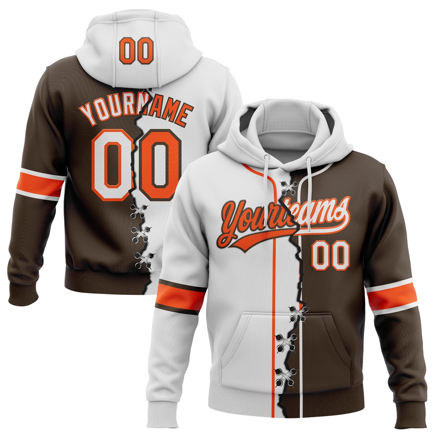 FansIdea Custom Brown White-Orange Split Ripped Pattern Baseball Pullover Sweatshirt Hoodie - $32.99 at Proof Eyewear
