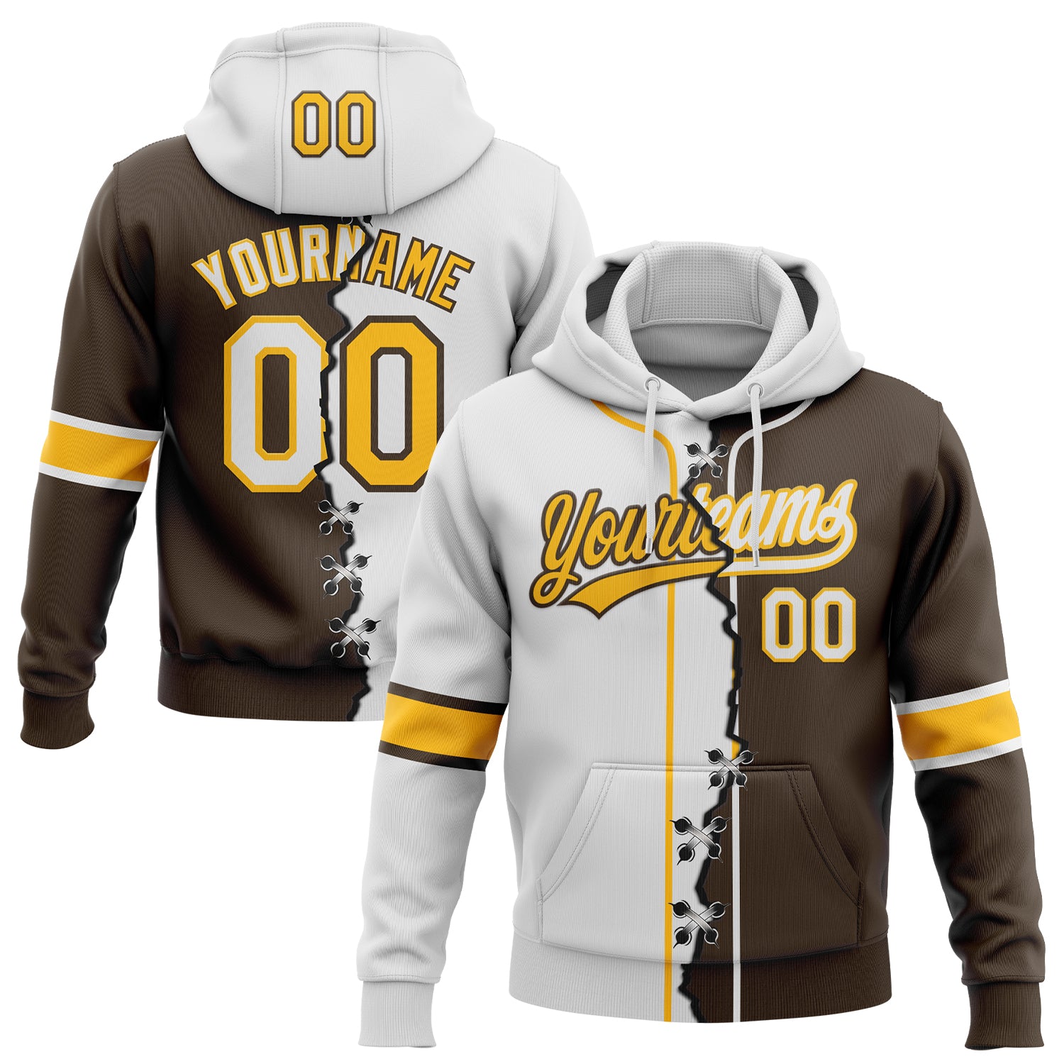 FansIdea Custom Brown White-Gold Split Ripped Pattern Baseball Pullover Sweatshirt Hoodie - $32.99 at Proof Eyewear