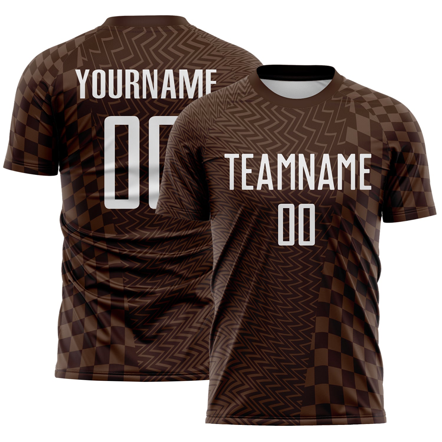 FansIdea Custom Brown-White Geometric Patchwork Asymmetry Checkered Zigzag Lines Sublimation Soccer Uniform Jersey - $16.99 at Proof Eyewear