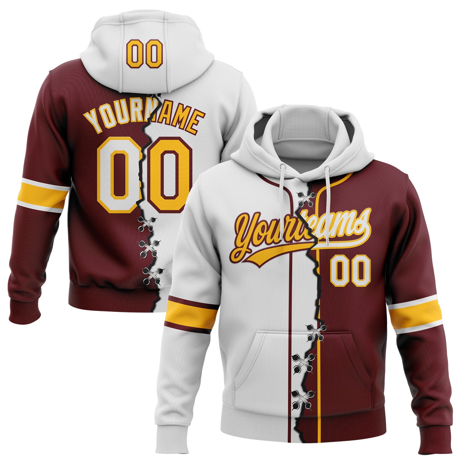FansIdea Custom Burgundy White-Gold Split Ripped Pattern Baseball Pullover Sweatshirt Hoodie - $32.99 at Proof Eyewear