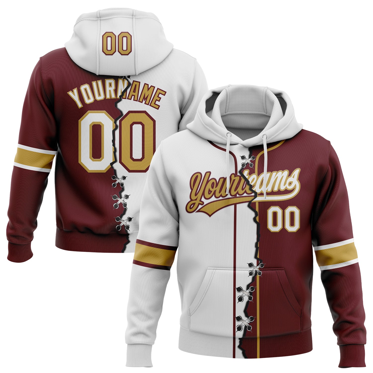 FansIdea Custom Burgundy White-Old Gold Split Ripped Pattern Baseball Pullover Sweatshirt Hoodie - $32.99 at Proof Eyewear
