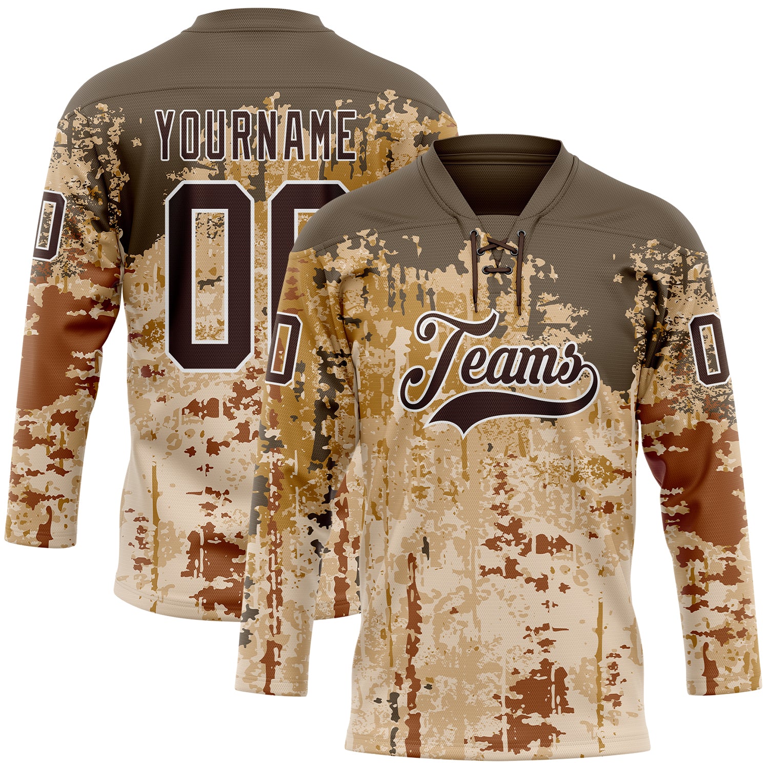 FansIdea Custom Camo Brown-White 3D Camouflage Grunge Hockey Lace Neck Jersey - $29.99 at Proof Eyewear