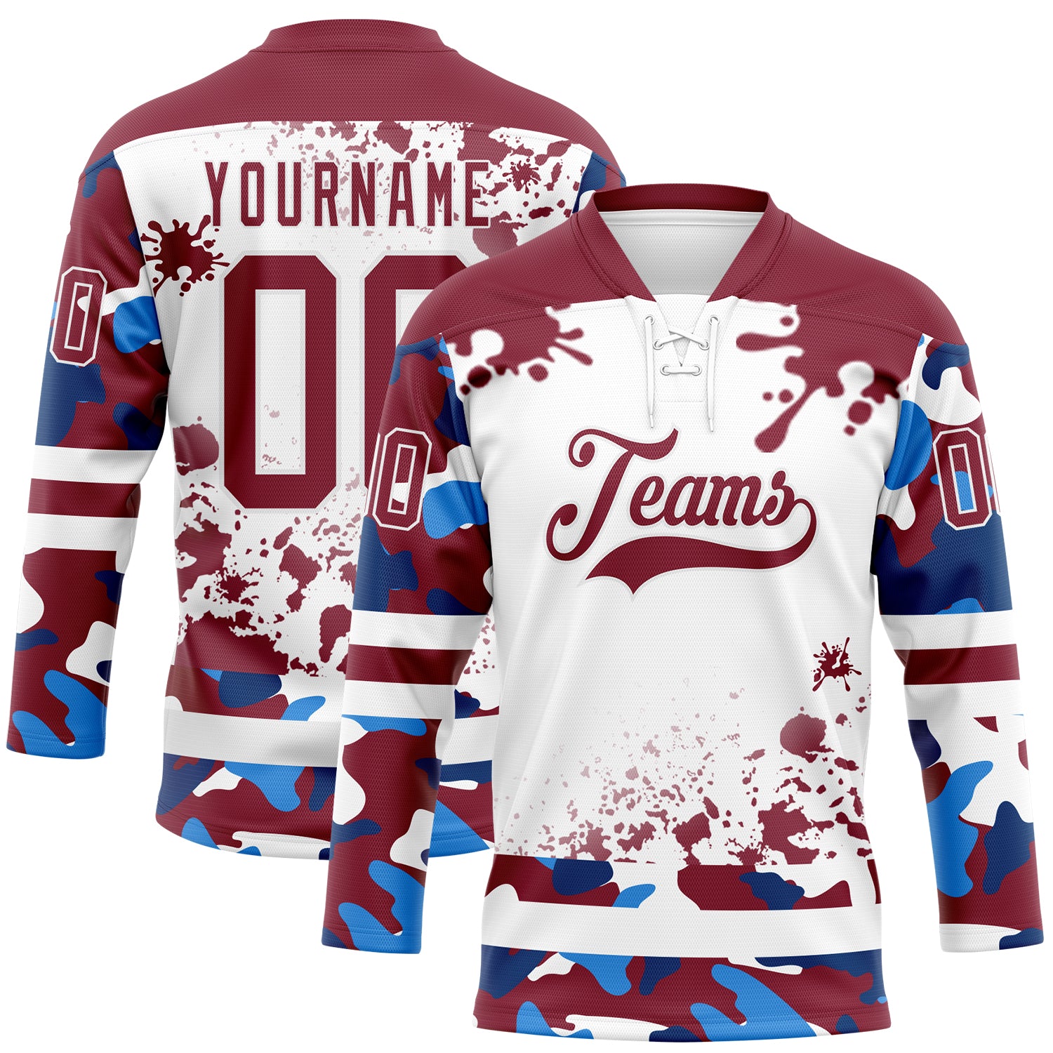 FansIdea Custom Camo Crimson-White Splash Hockey Lace Neck Jersey - $29.99 at Proof Eyewear