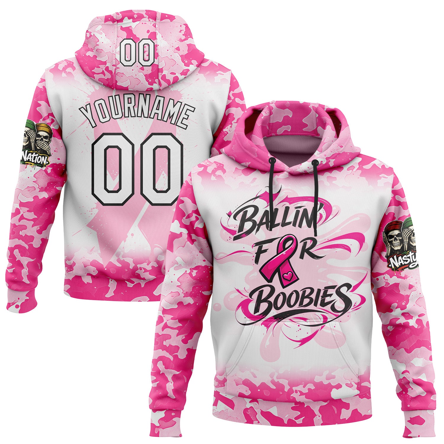 Fansidea-group-collabs Custom Stitched Camo White Pink-Black 2026 Nasty Nation Paintball Breast Cancer Pullover Sweatshirt Hoodie - $42.99 at Proof Eyewear