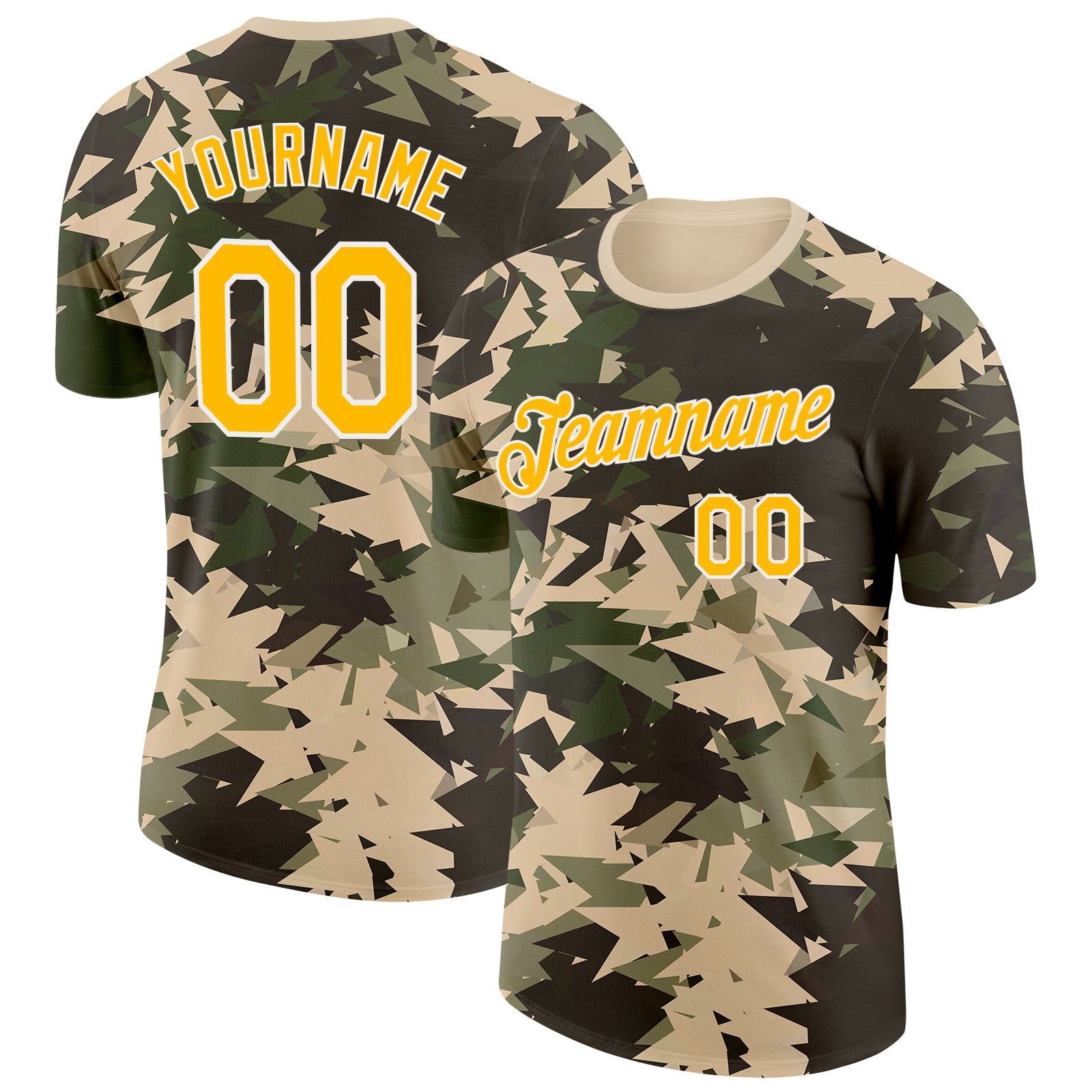 FansIdea Custom Camo Gold-White Geometric Fragment Camouflage Salute To Service Performance T-Shirt - $14.99 at Proof Eyewear