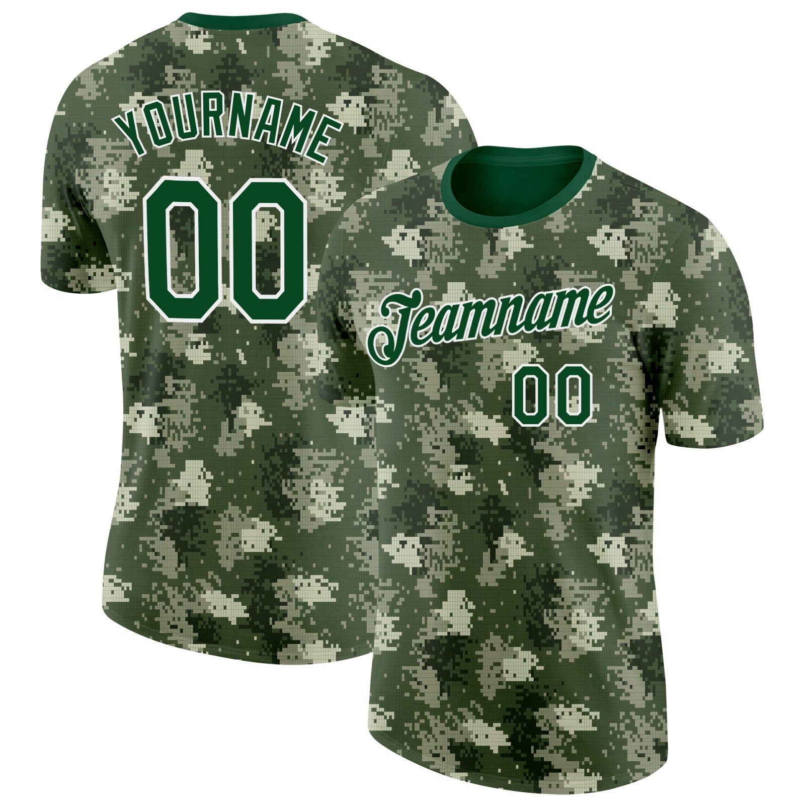 FansIdea Custom Camo Green-White Woodland Forest Digital Camouflage Pixel Salute To Service Performance T-Shirt - $14.99 at Proof Eyewear