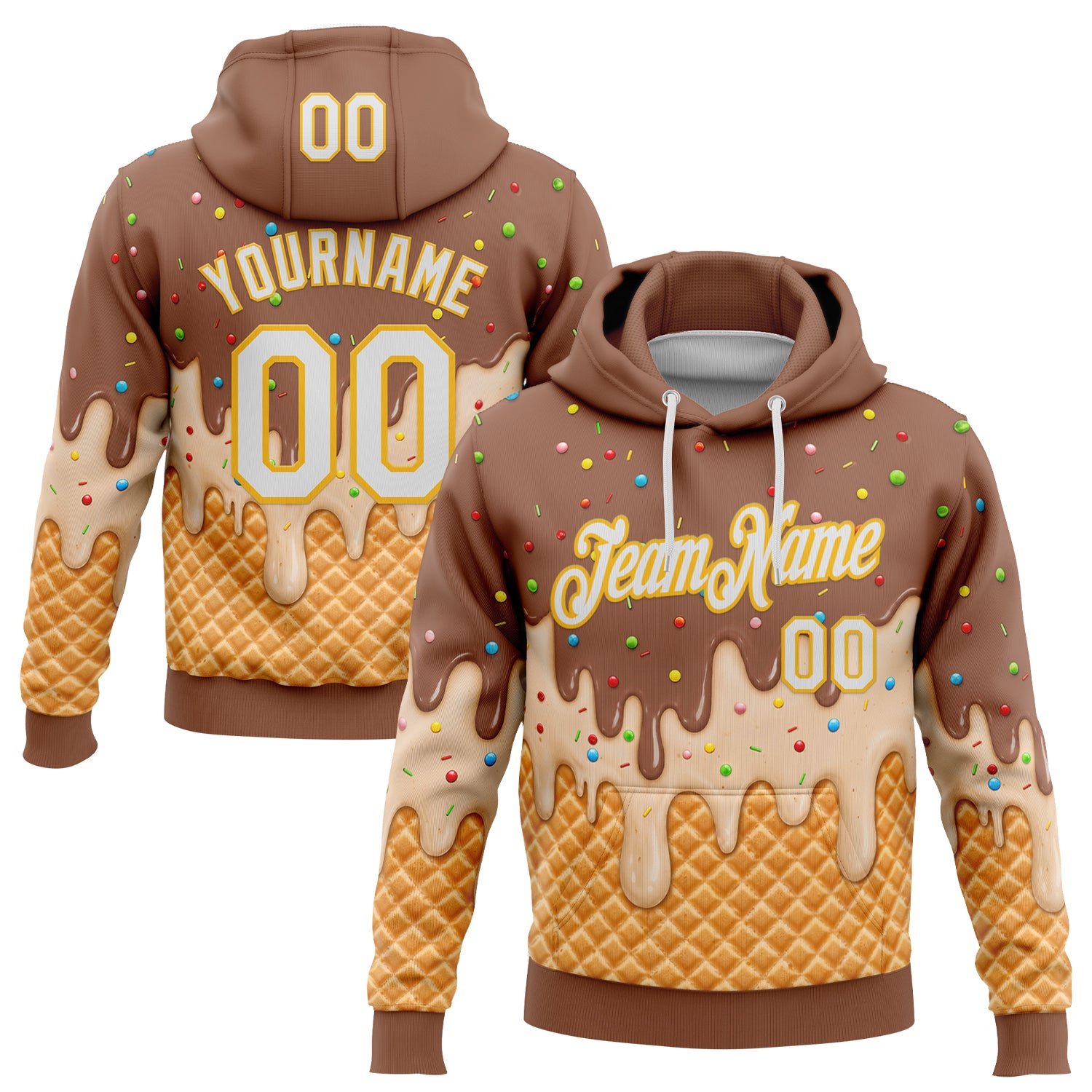 FansIdea Custom Stitched Caramel Brown White-Gold Ice Cream Waffle Foodie Dessert Pullover Sweatshirt Hoodie - $32.99 at Proof Eyewear