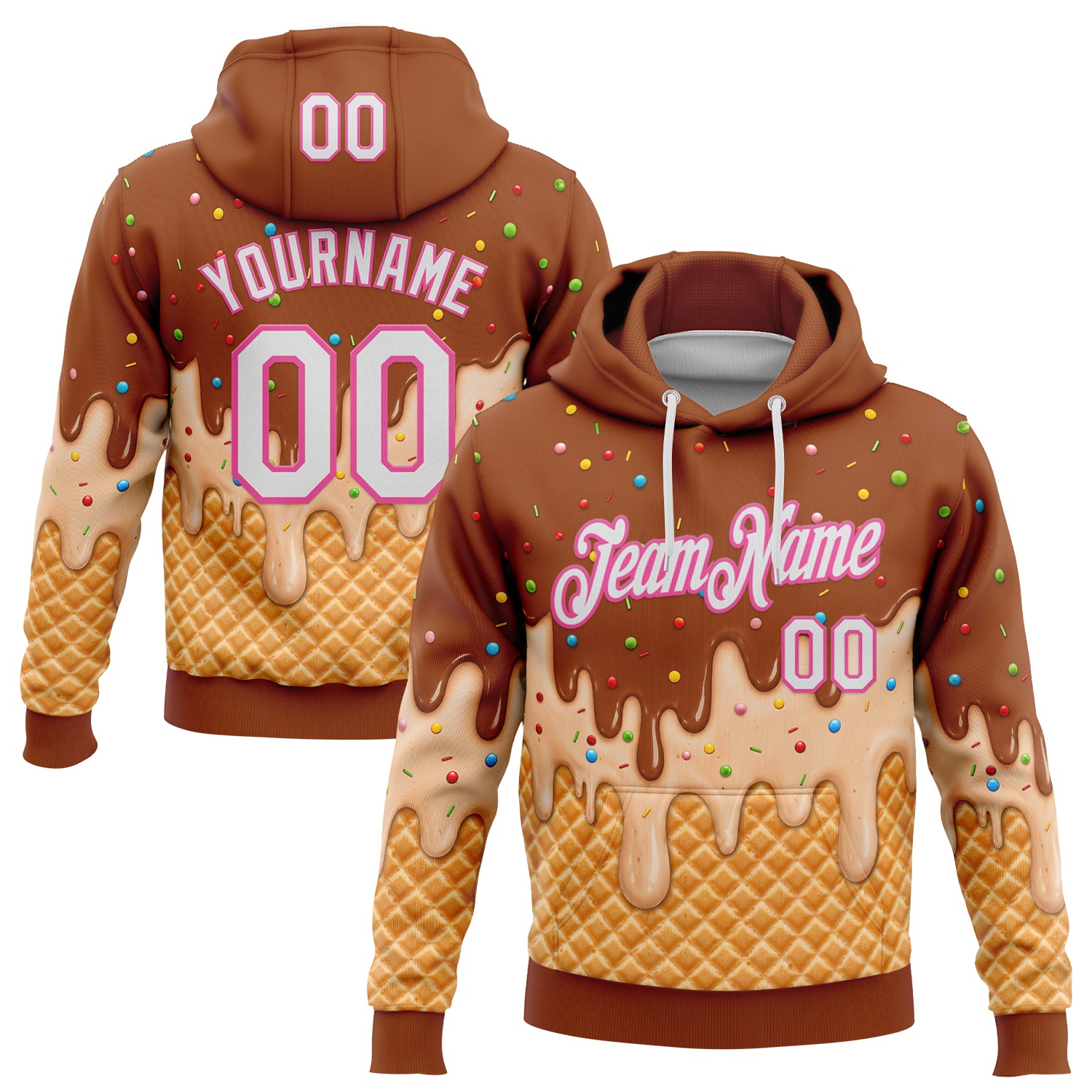 FansIdea Custom Stitched Chocolate Brown White-Pink Ice Cream Waffle Foodie Dessert Pullover Sweatshirt Hoodie - $32.99 at Proof Eyewear