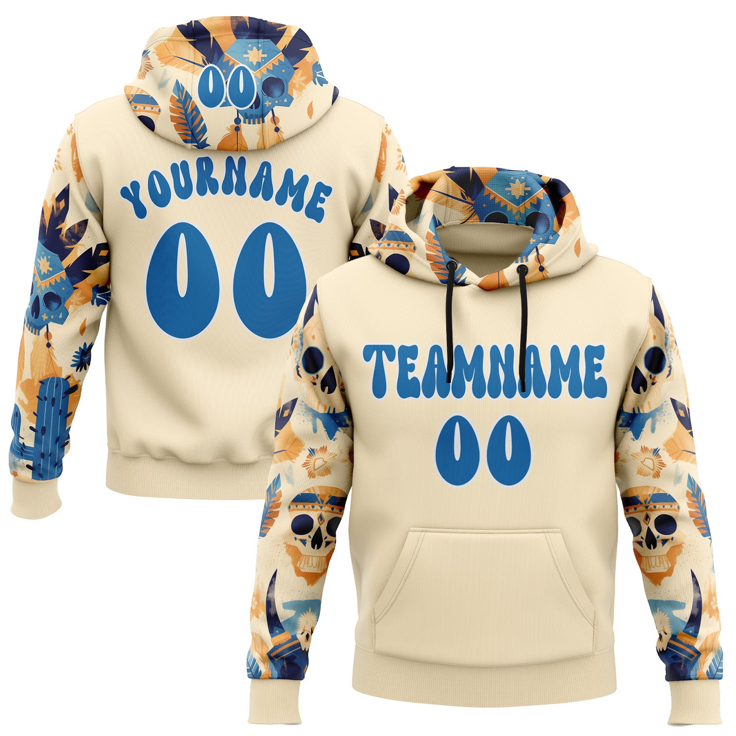 FansIdea Custom City Cream Blue-White 3D Skull Chief Tribal Sports Pullover Sweatshirt Hoodie - $32.99 at Proof Eyewear
