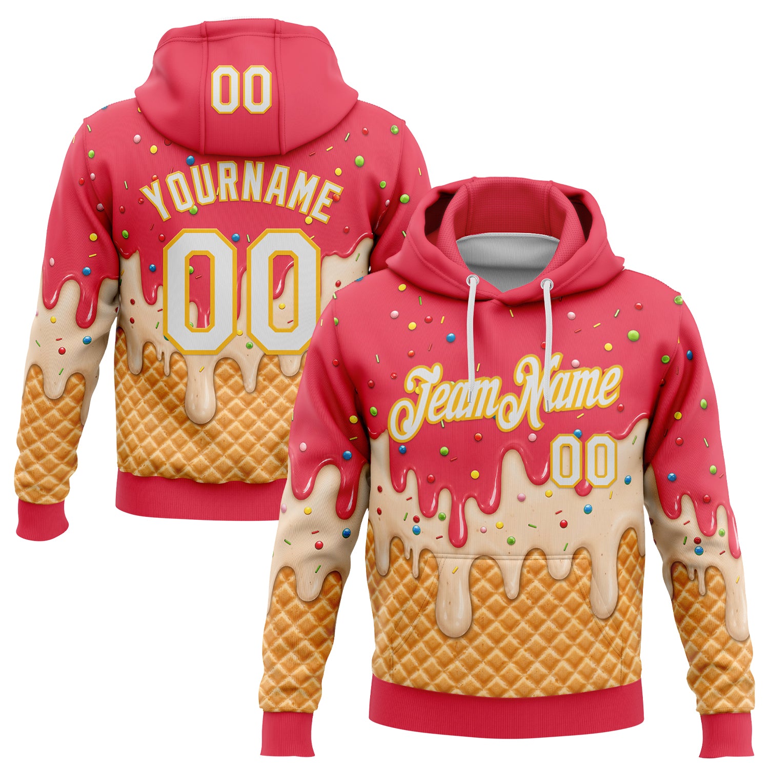 FansIdea Custom Stitched Coral Red White-Gold Ice Cream Waffle Foodie Dessert Pullover Sweatshirt Hoodie - $32.99 at Proof Eyewear