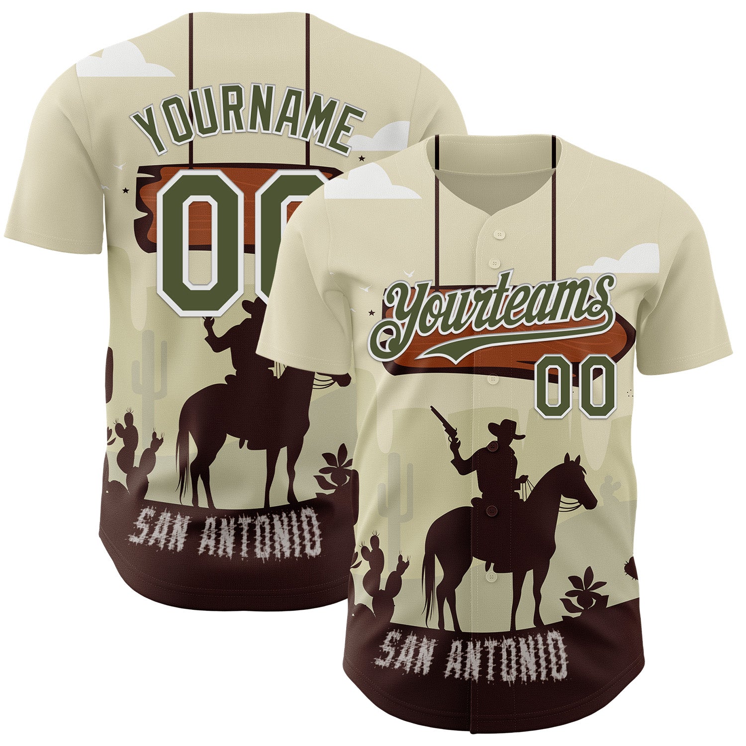 FansIdea Custom Cream Olive-White San Antonio Texas Western Cowboy City Symbol Authentic Baseball Jersey - $29.99 at Proof Eyewear