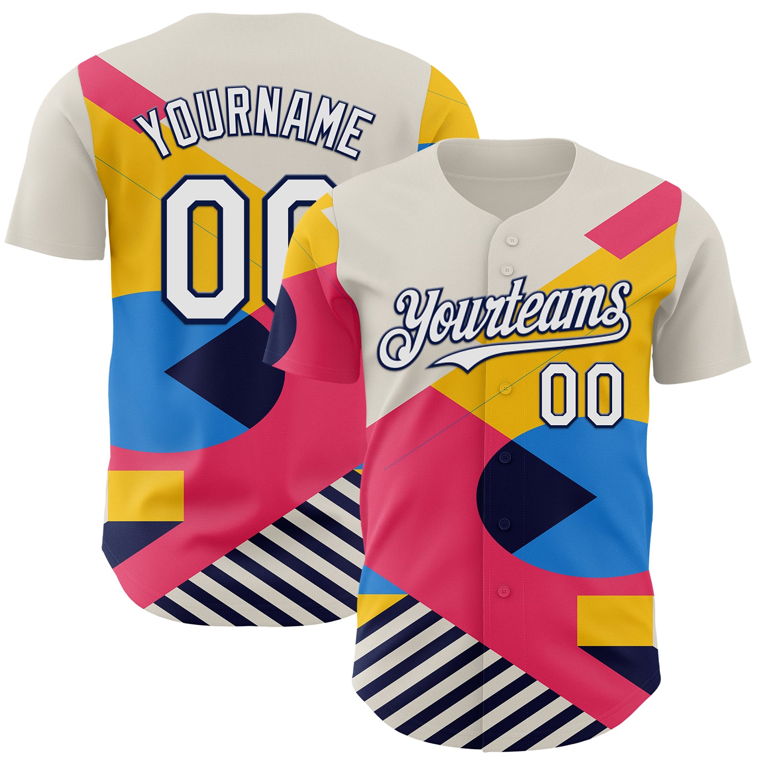 FansIdea Custom Cream White Neon Pink Yellow-Navy Geometric Patchwork Asymmetry Authentic Baseball Jersey - $29.99 at Proof Eyewear