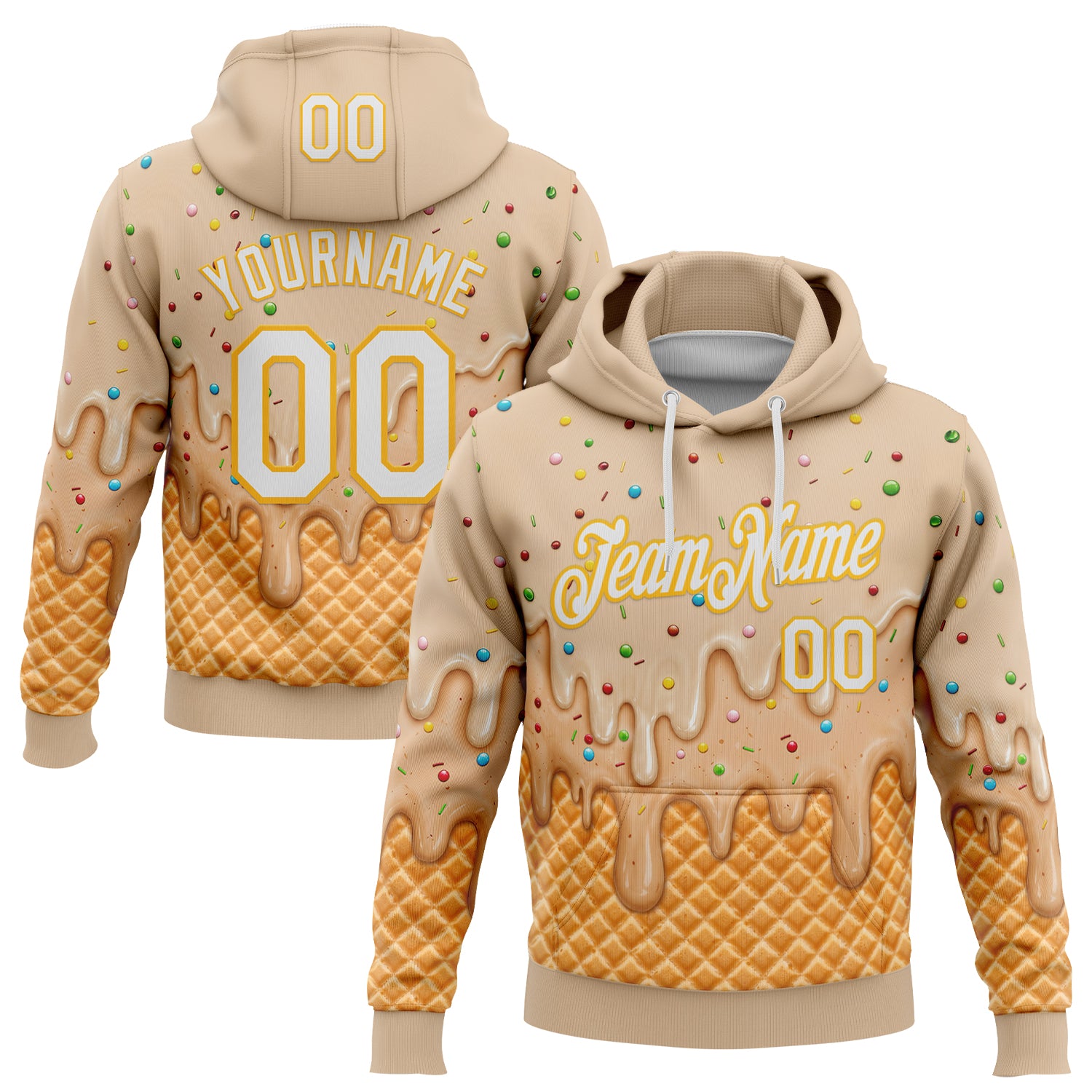 FansIdea Custom Stitched Cream White-Gold Ice Cream Waffle Foodie Dessert Pullover Sweatshirt Hoodie - $32.99 at Proof Eyewear