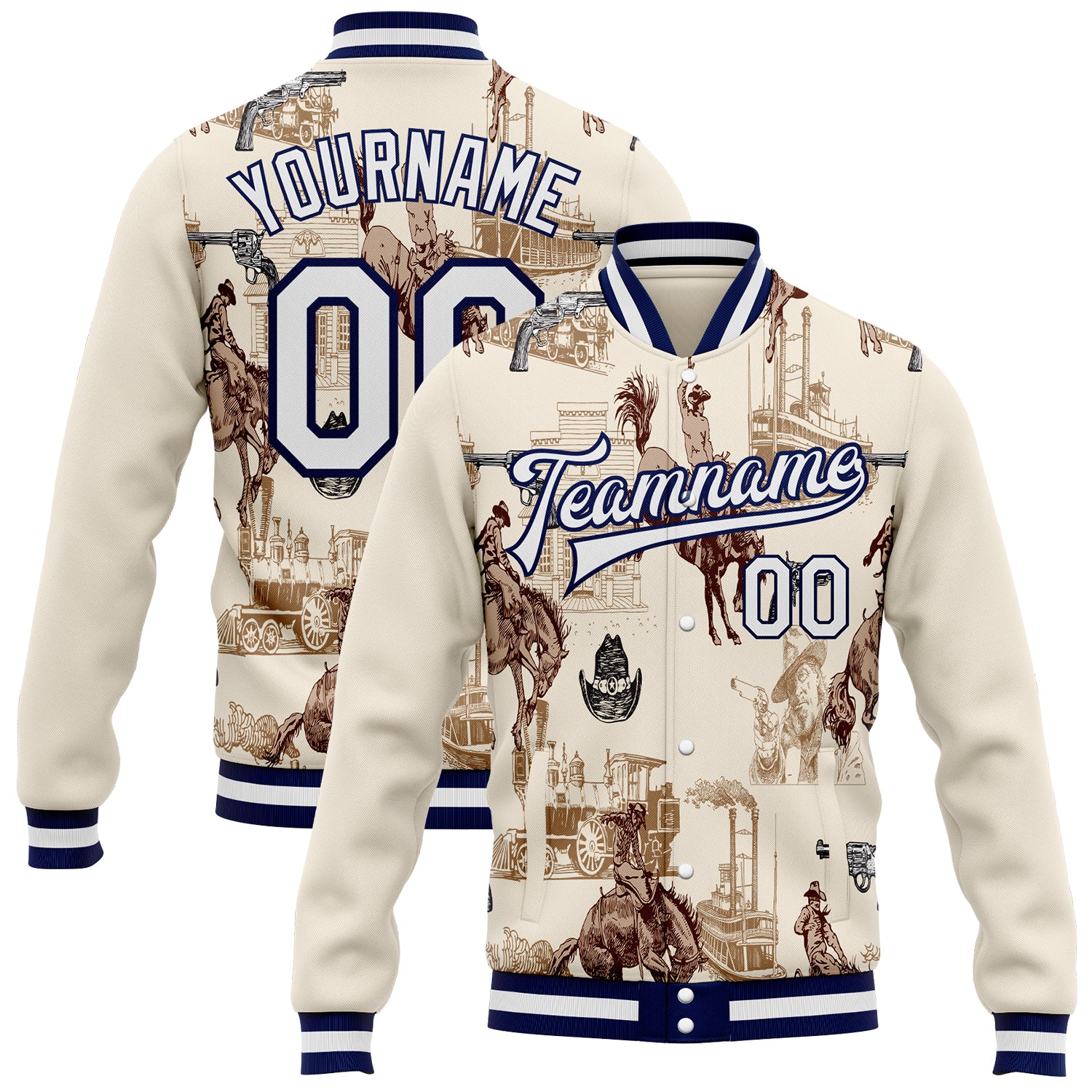 FansIdea Custom Cream White-Navy Vintage Western Cowboy Bomber Full-Snap Varsity Letterman Jacket - $38.99 at Proof Eyewear