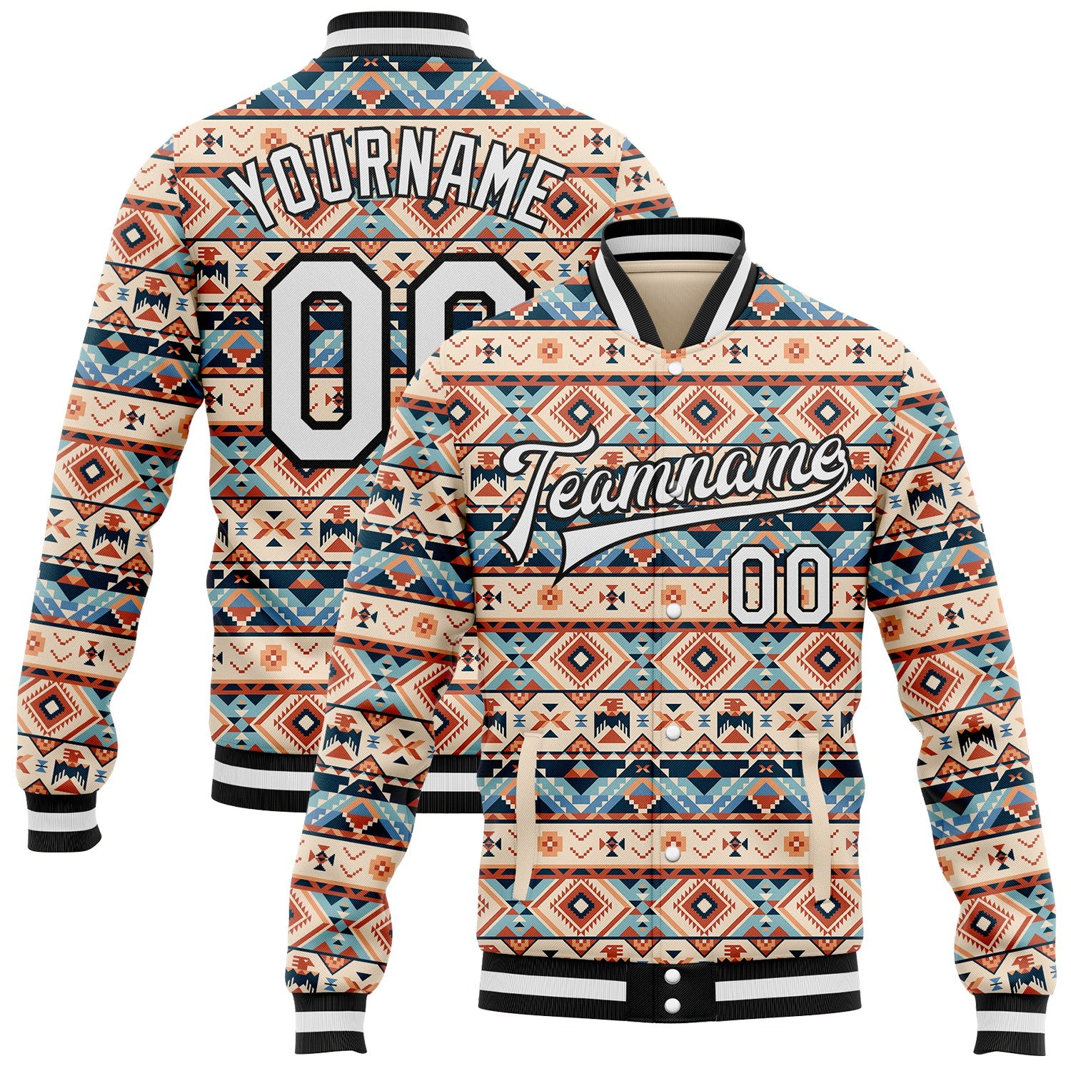 FansIdea Custom Cream White-Black Southwestern Geometric Aztec Bomber Full-Snap Varsity Letterman Jacket - $38.99 at Proof Eyewear