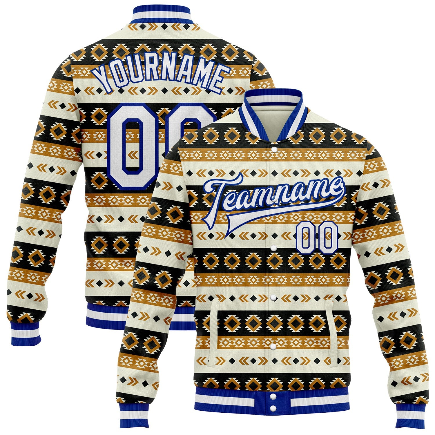 FansIdea Custom Cream White-Royal Southwestern Geometric Aztec Bomber Full-Snap Varsity Letterman Jacket - $38.99 at Proof Eyewear