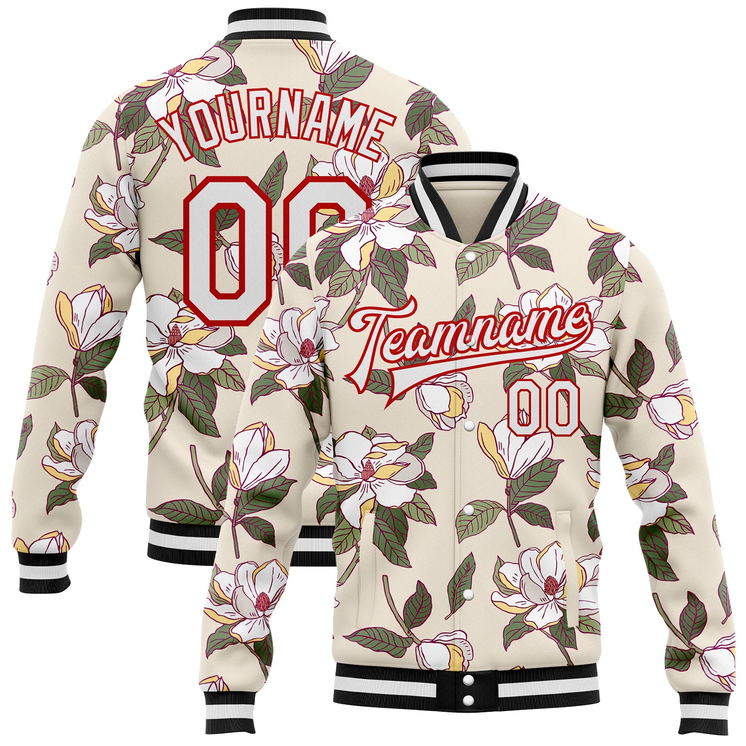 FansIdea Custom Cream White-Red Louisiana State Flower Magnolia Bomber Full-Snap Varsity Letterman Jacket - $38.99 at Proof Eyewear