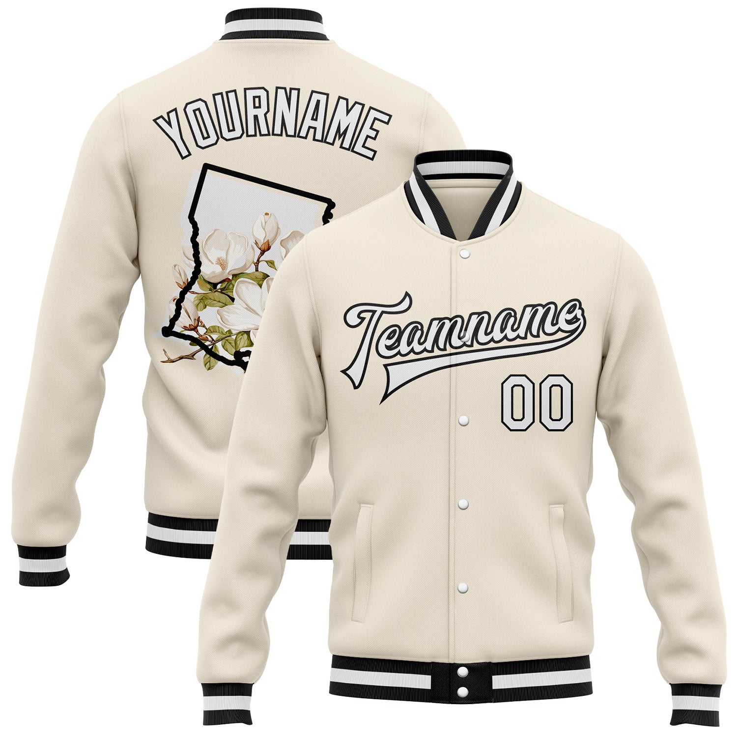 FansIdea Custom Cream White-Black Louisiana State Flower Magnolia Bomber Full-Snap Varsity Letterman Jacket - $38.99 at Proof Eyewear