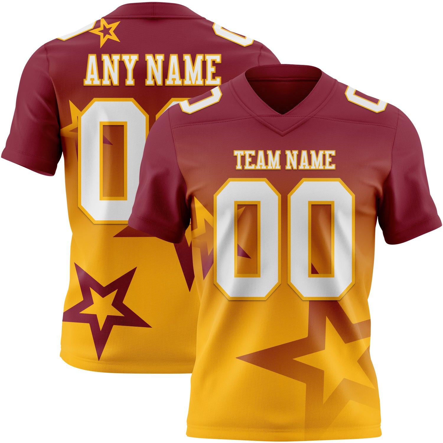 FansIdea Custom Crimson White-Gold Authentic Gradient Style Twinkle Star Football Jersey - $19.99 at Proof Eyewear
