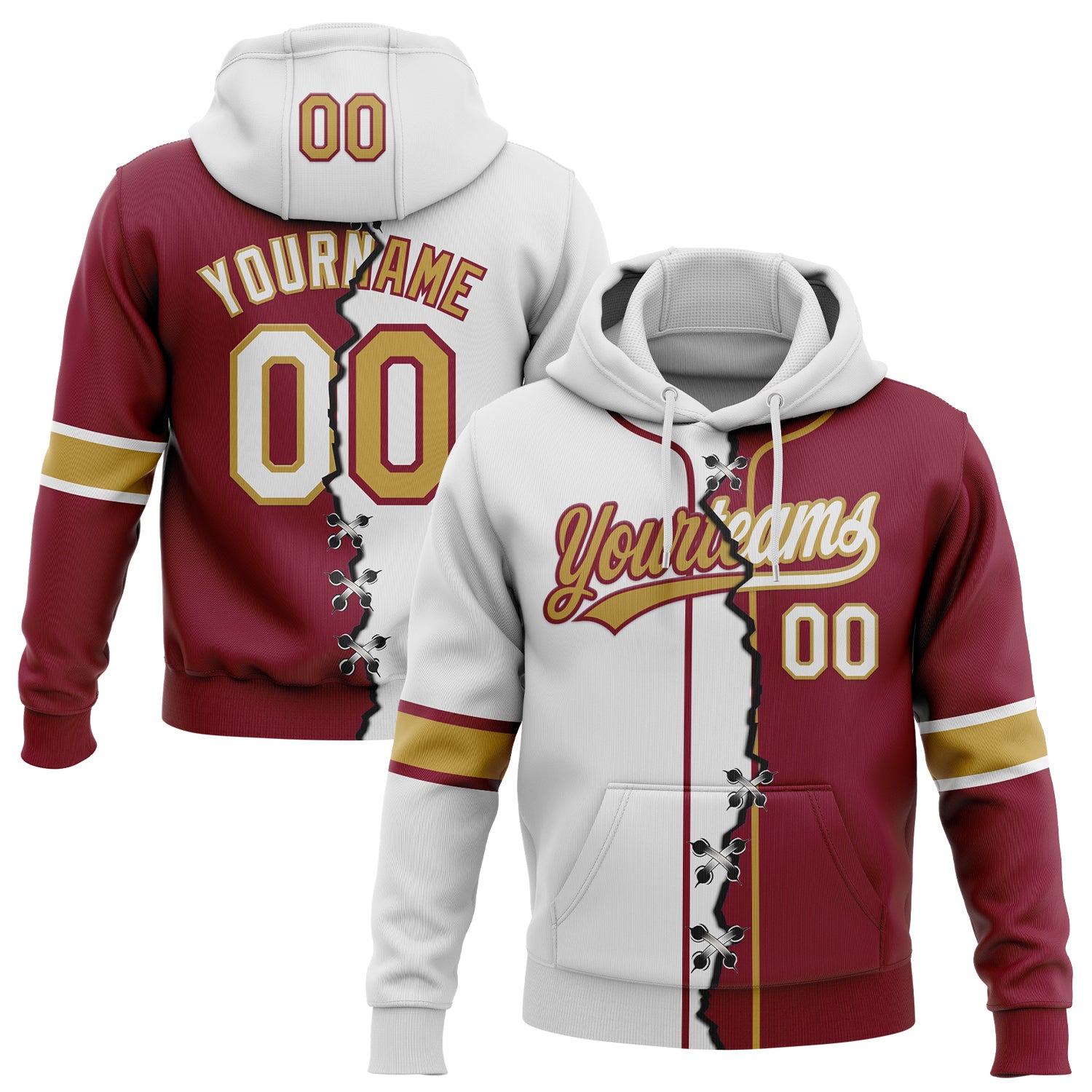 FansIdea Custom Crimson White-Old Gold Split Ripped Pattern Baseball Pullover Sweatshirt Hoodie - $32.99 at Proof Eyewear