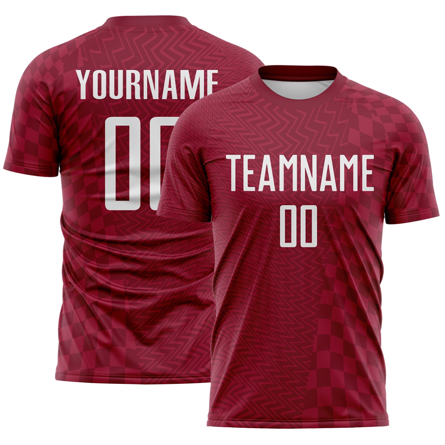 FansIdea Custom Crimson-White Geometric Patchwork Asymmetry Checkered Zigzag Lines Sublimation Soccer Uniform Jersey - $16.99 at Proof Eyewear