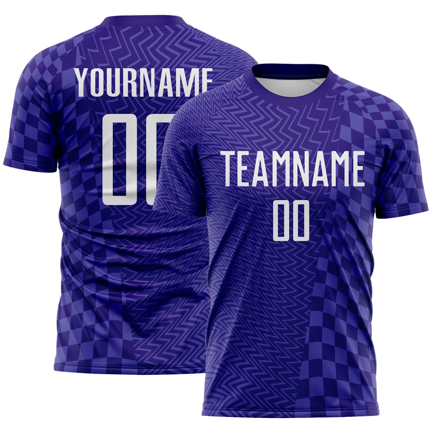 FansIdea Custom Dark Purple-White Geometric Patchwork Asymmetry Checkered Zigzag Lines Sublimation Soccer Uniform Jersey - $16.99 at Proof Eyewear