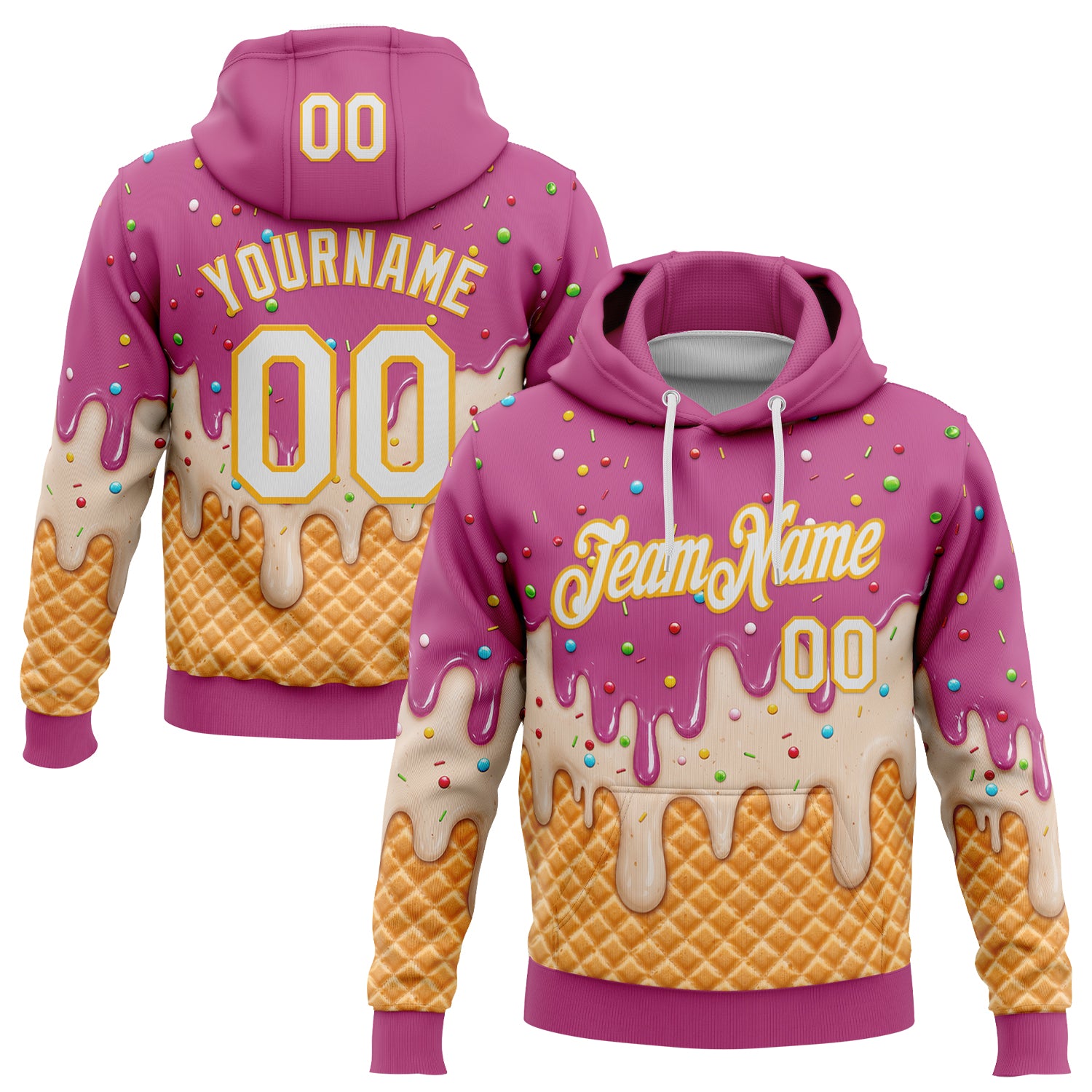 FansIdea Custom Stitched Deep Pink White-Gold Ice Cream Waffle Foodie Dessert Pullover Sweatshirt Hoodie - $32.99 at Proof Eyewear
