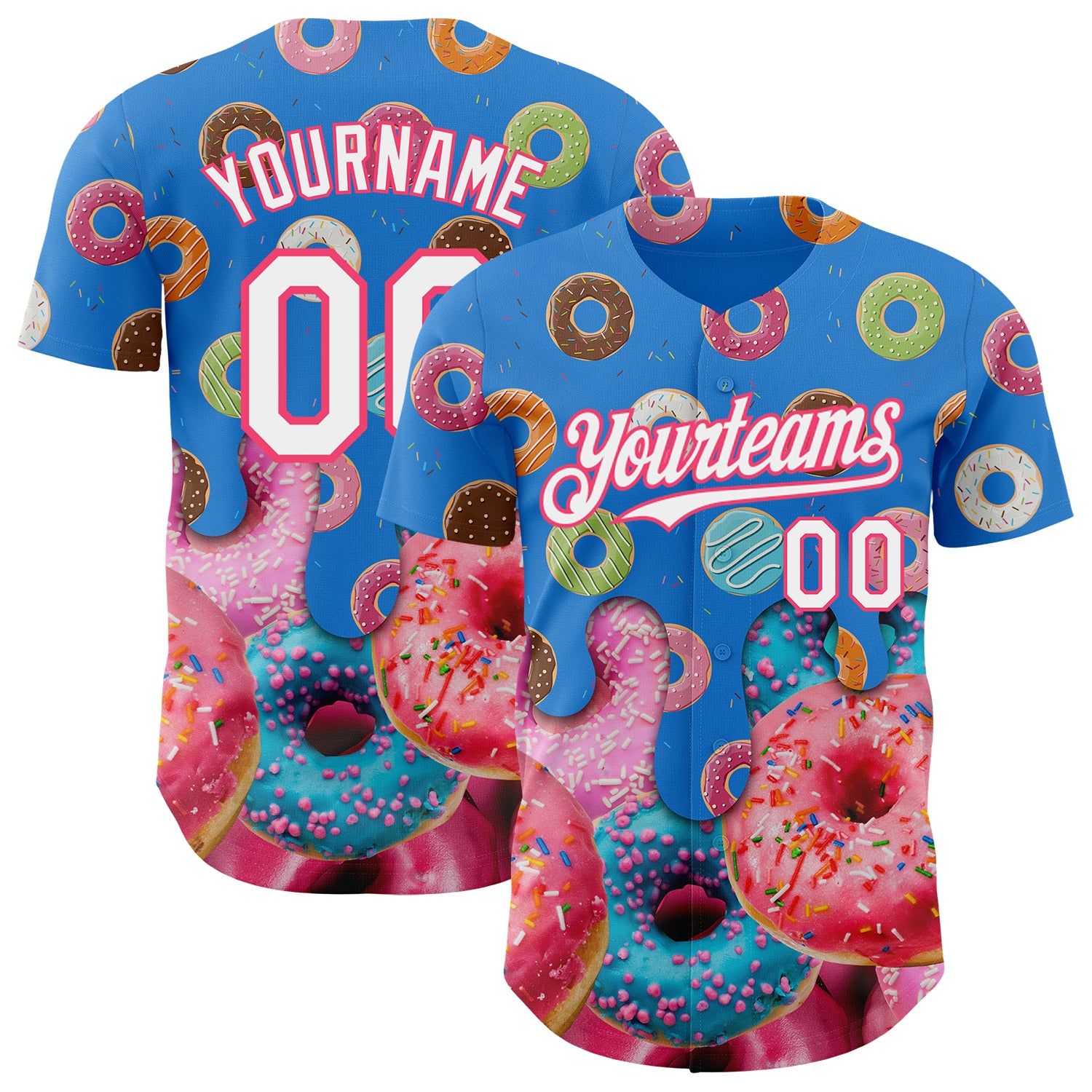 FansIdea Custom Electric Blue White-Neon Pink Ice Cream Donut Foodie Dessert Authentic Baseball Jersey - $29.99 at Proof Eyewear