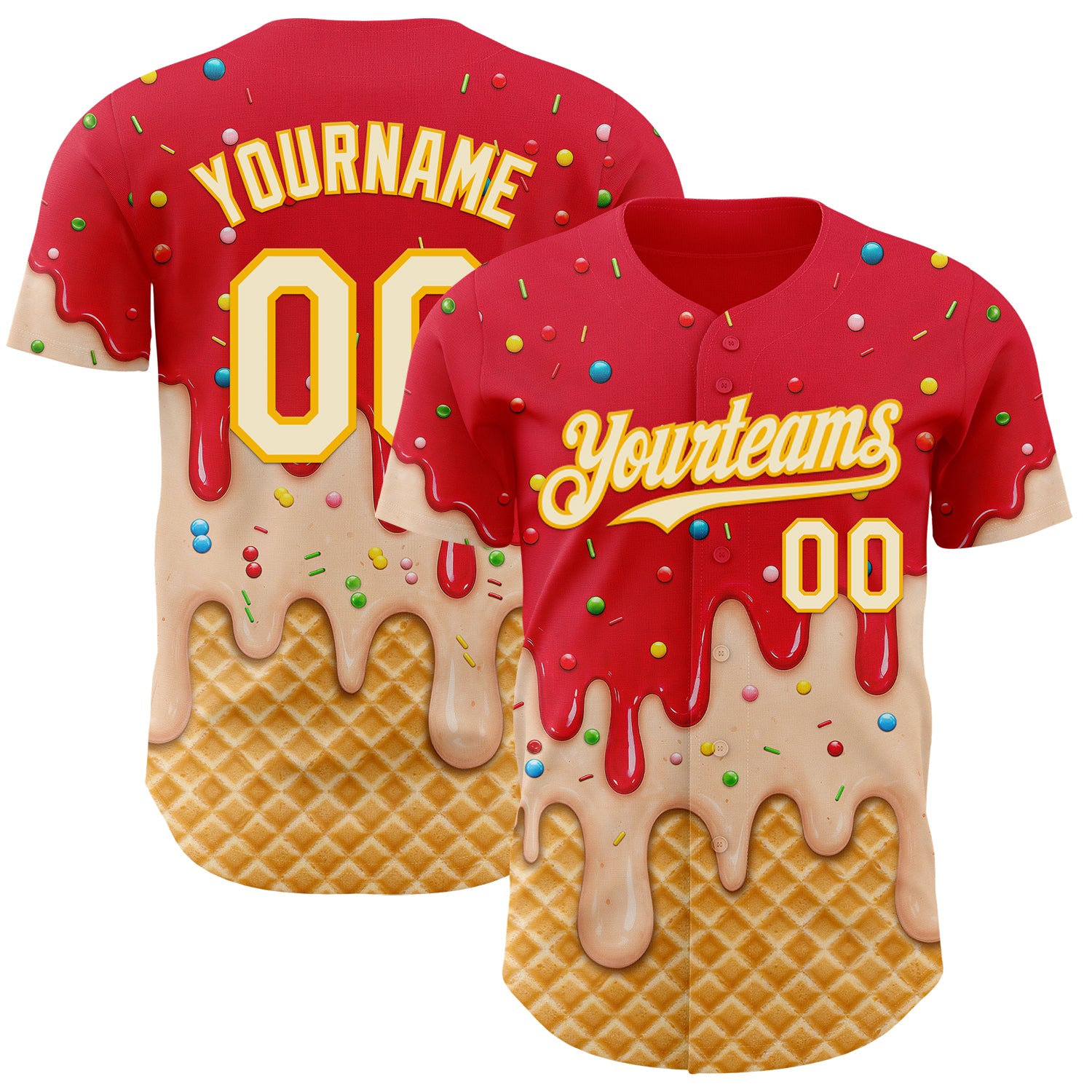 FansIdea Custom Fire Red Cream-Gold Ice Cream Waffle Foodie Dessert Authentic Baseball Jersey - $29.99 at Proof Eyewear