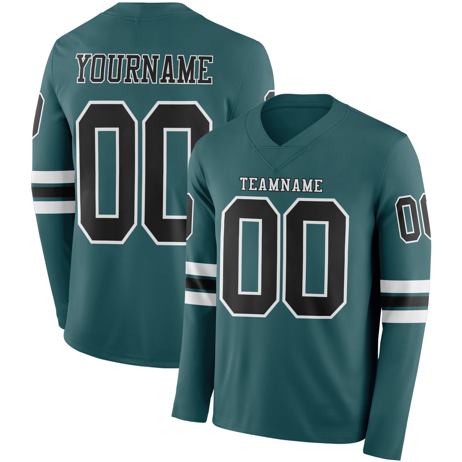 FansIdea Custom Midnight Green Black-White Long Sleeve Authentic Football Jersey - $24.99 at Proof Eyewear