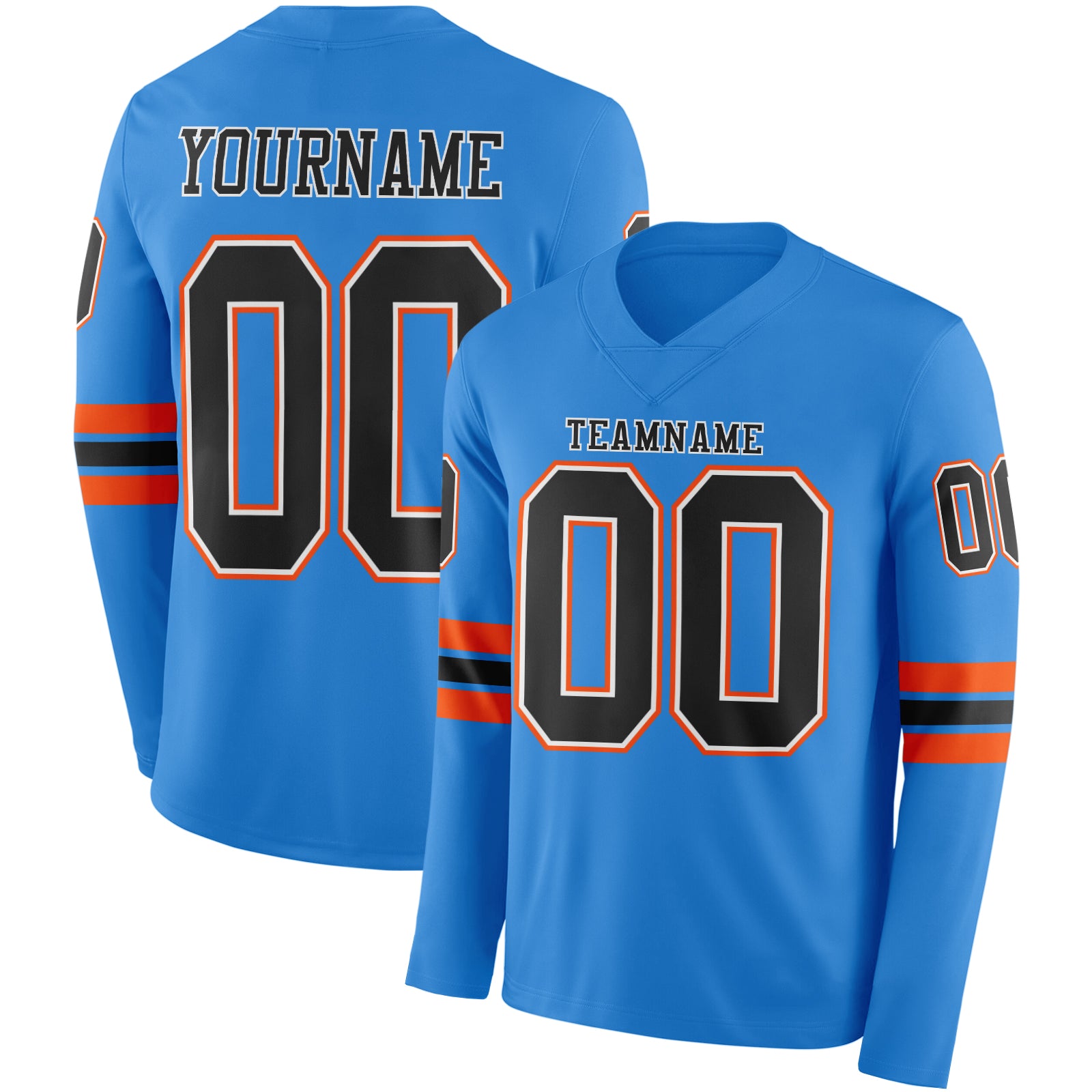 FansIdea Custom Powder Blue Black White-Orange Long Sleeve Authentic Football Jersey - $24.99 at Proof Eyewear