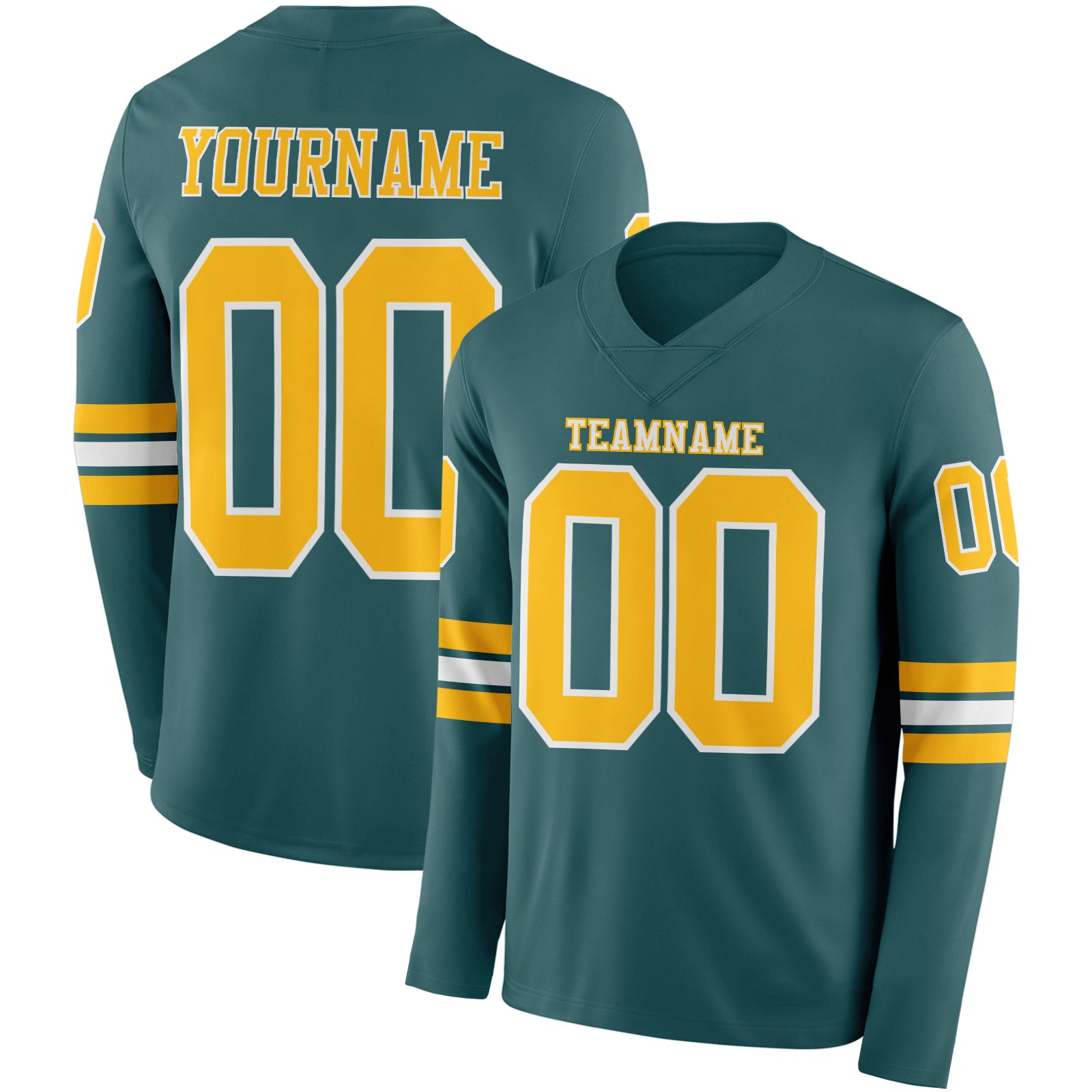 FansIdea Custom Midnight Green Gold-White Long Sleeve Authentic Football Jersey - $24.99 at Proof Eyewear