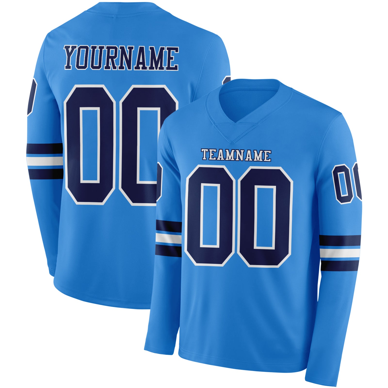 FansIdea Custom Powder Blue Navy-White Long Sleeve Authentic Football Jersey - $24.99 at Proof Eyewear