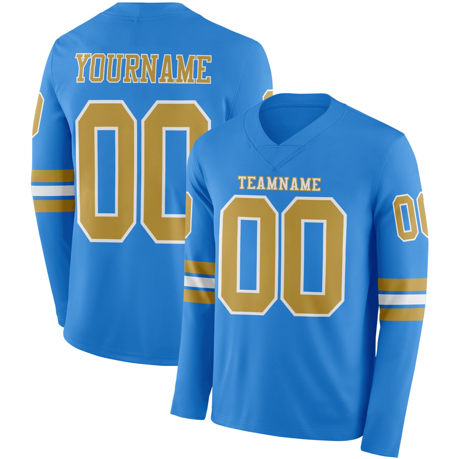 FansIdea Custom Powder Blue Old Gold-White Long Sleeve Authentic Football Jersey - $24.99 at Proof Eyewear