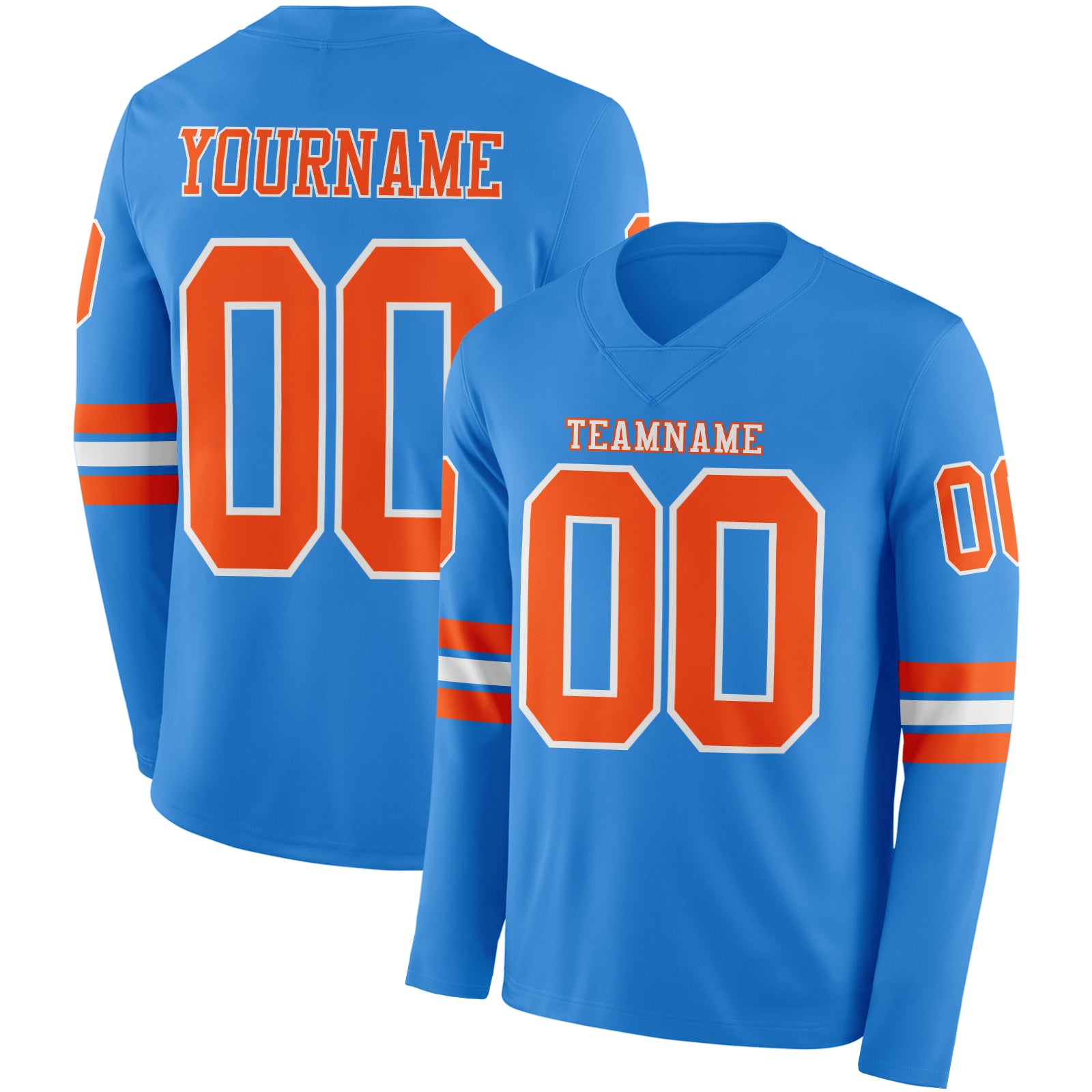 FansIdea Custom Powder Blue Orange-White Long Sleeve Authentic Football Jersey - $24.99 at Proof Eyewear