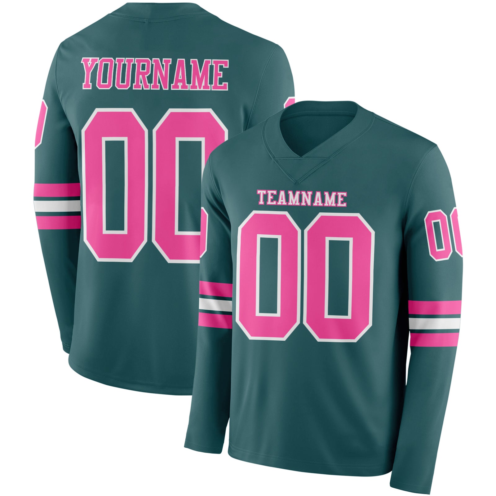 FansIdea Custom Midnight Green Pink-White Long Sleeve Authentic Football Jersey - $24.99 at Proof Eyewear