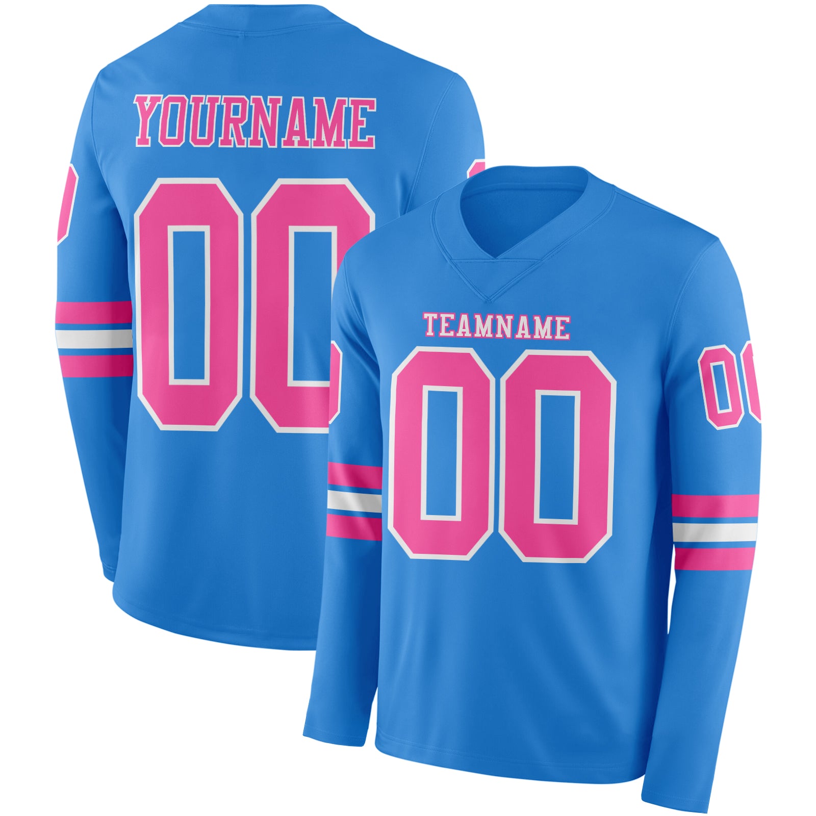 FansIdea Custom Powder Blue Pink-White Long Sleeve Authentic Football Jersey - $24.99 at Proof Eyewear