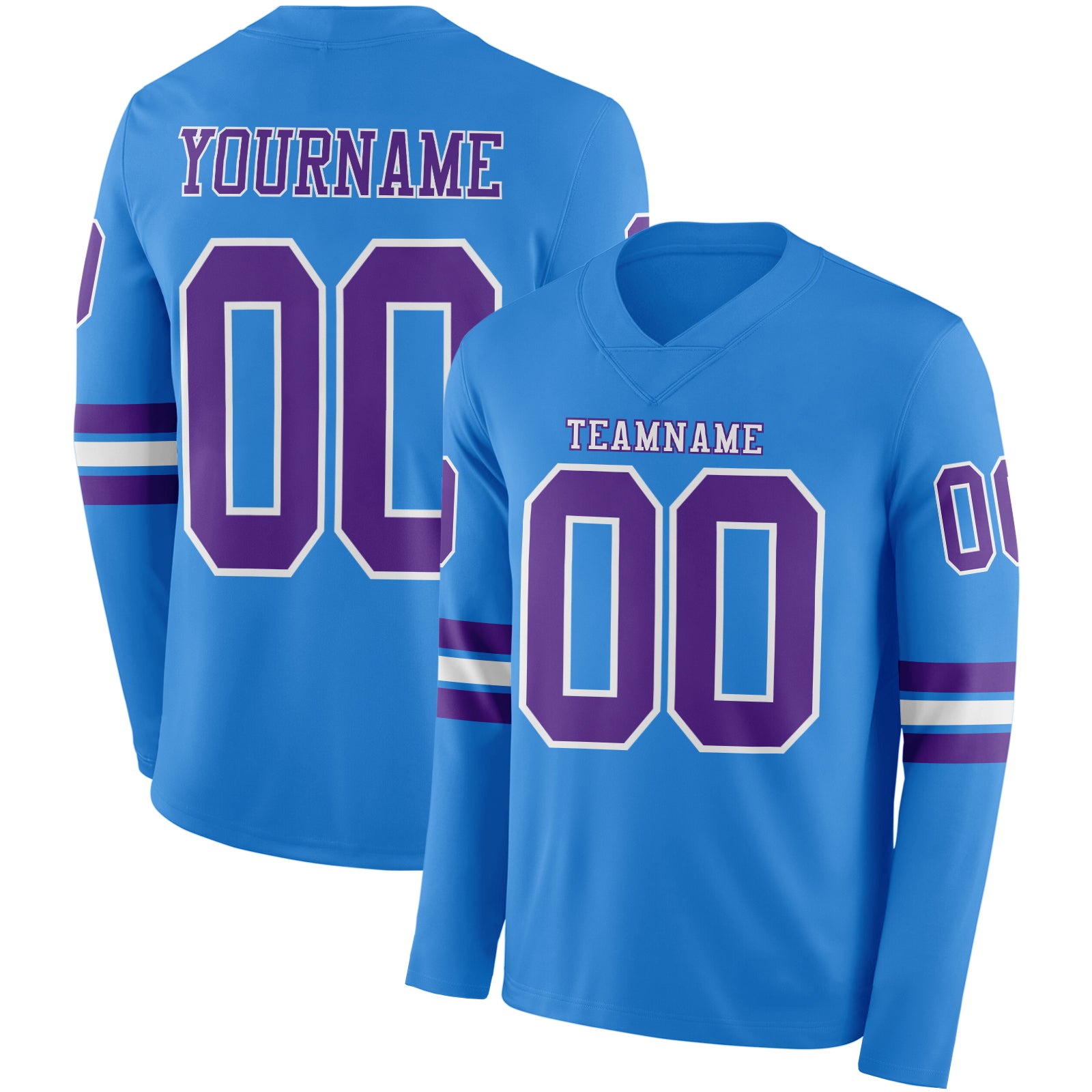 FansIdea Custom Powder Blue Purple-White Long Sleeve Authentic Football Jersey - $24.99 at Proof Eyewear
