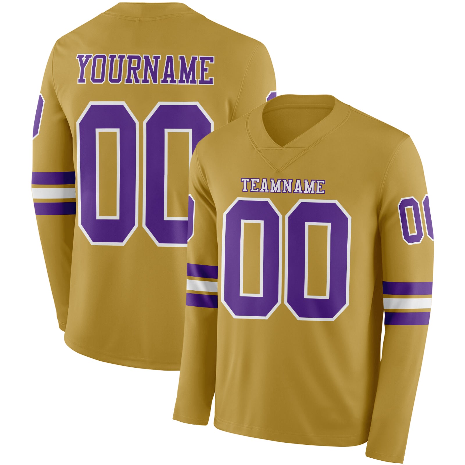 FansIdea Custom Old Gold Purple-White Long Sleeve Authentic Football Jersey - $24.99 at Proof Eyewear