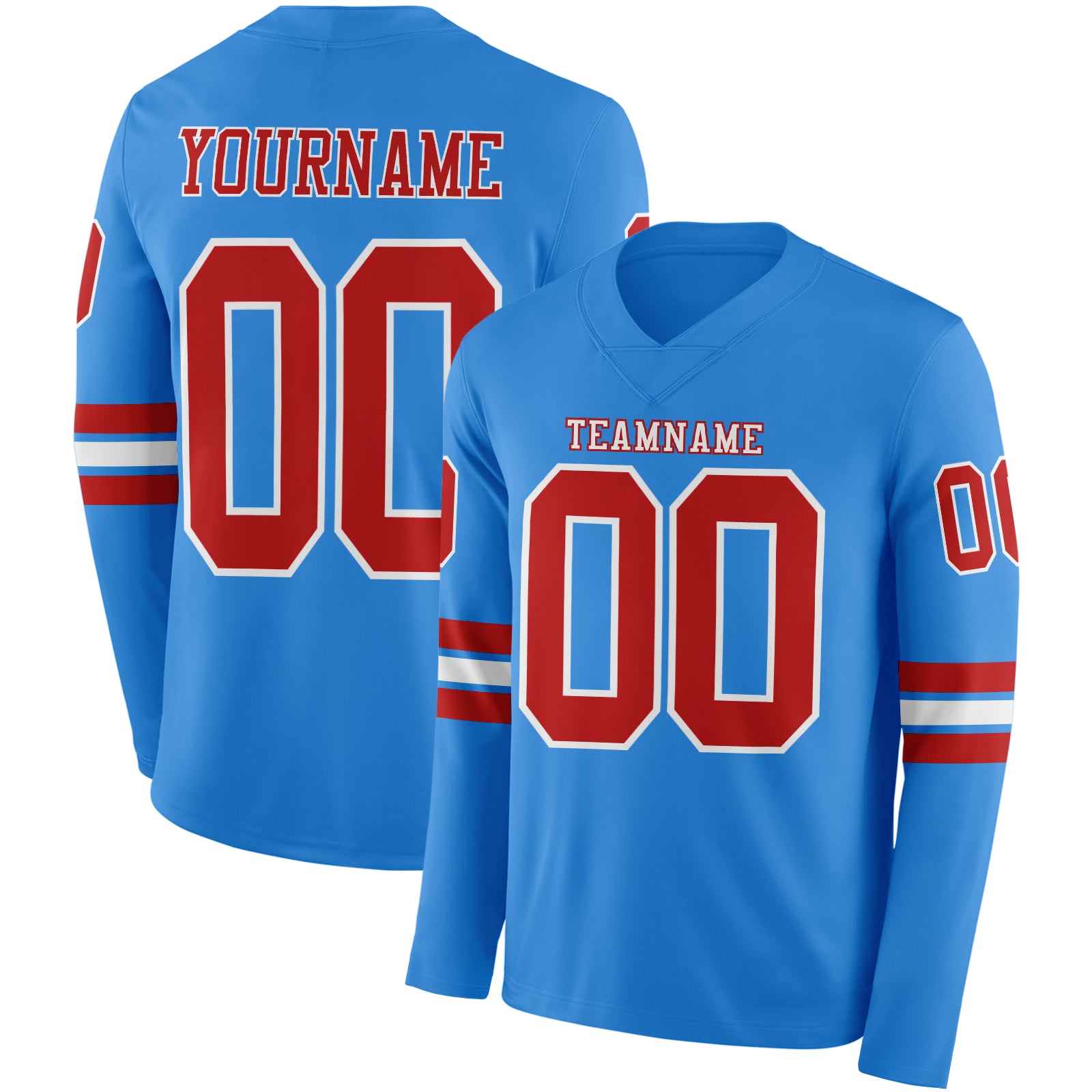 FansIdea Custom Powder Blue Red-White Long Sleeve Authentic Football Jersey - $24.99 at Proof Eyewear