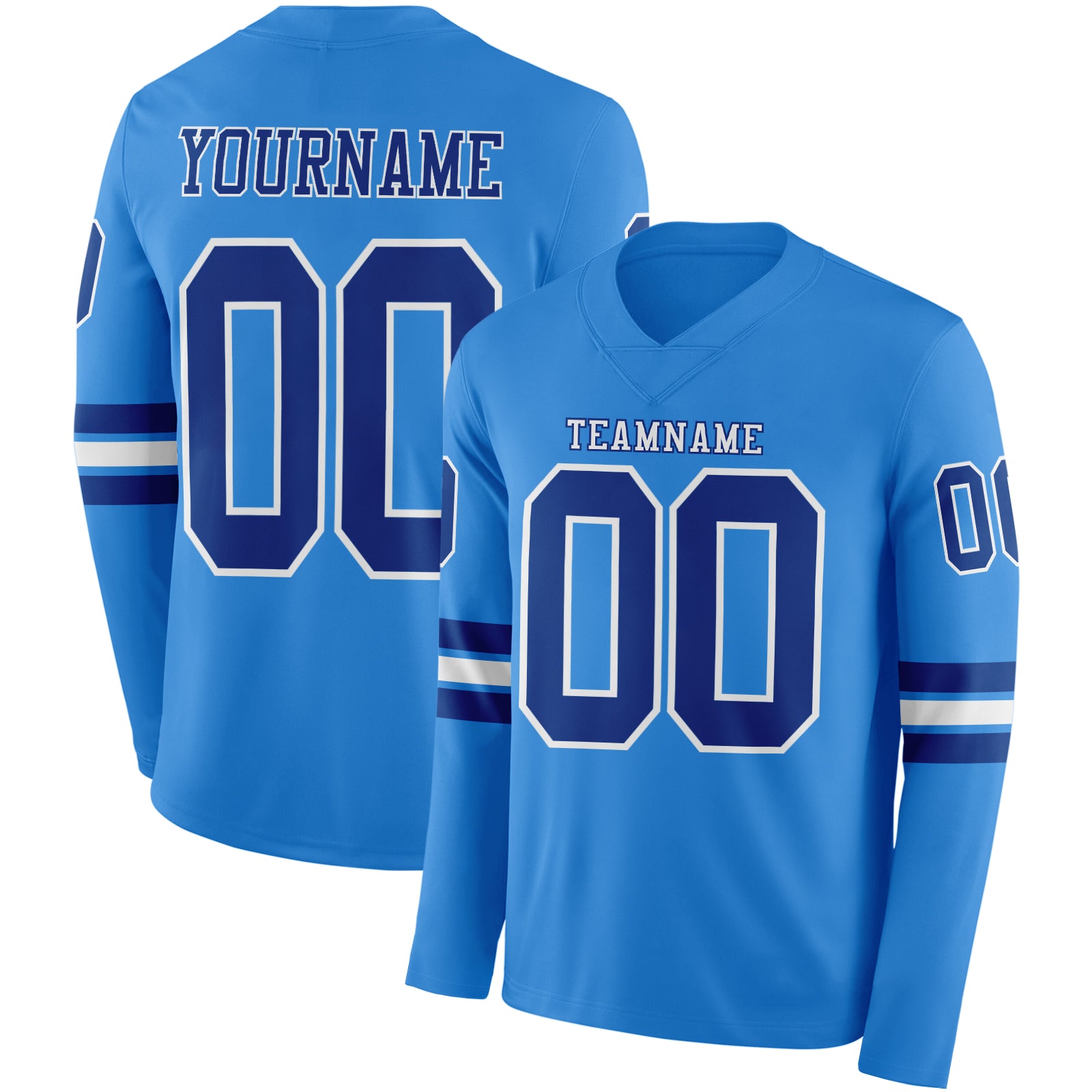 FansIdea Custom Powder Blue Royal-White Long Sleeve Authentic Football Jersey - $24.99 at Proof Eyewear