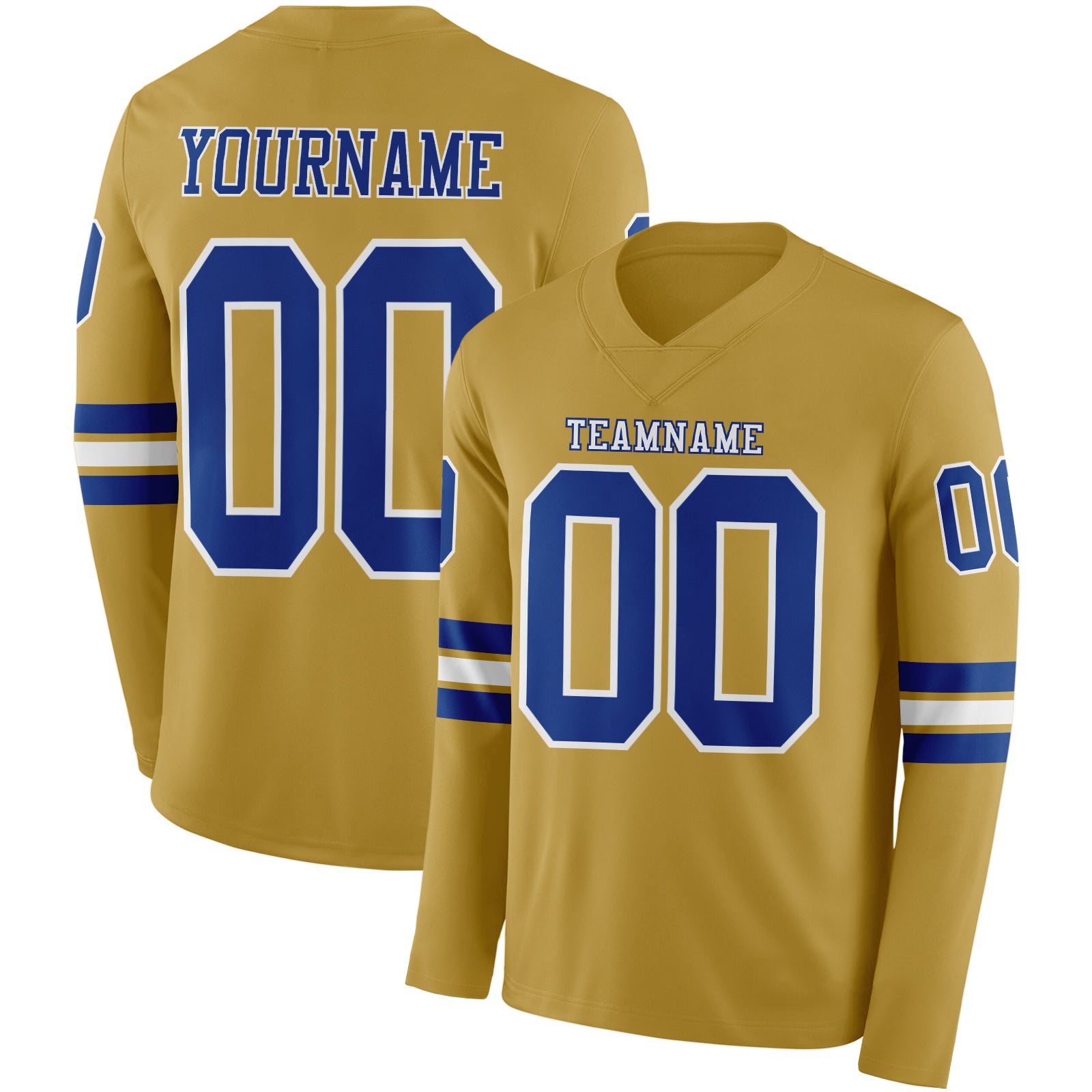 FansIdea Custom Old Gold Royal-White Long Sleeve Authentic Football Jersey - $24.99 at Proof Eyewear