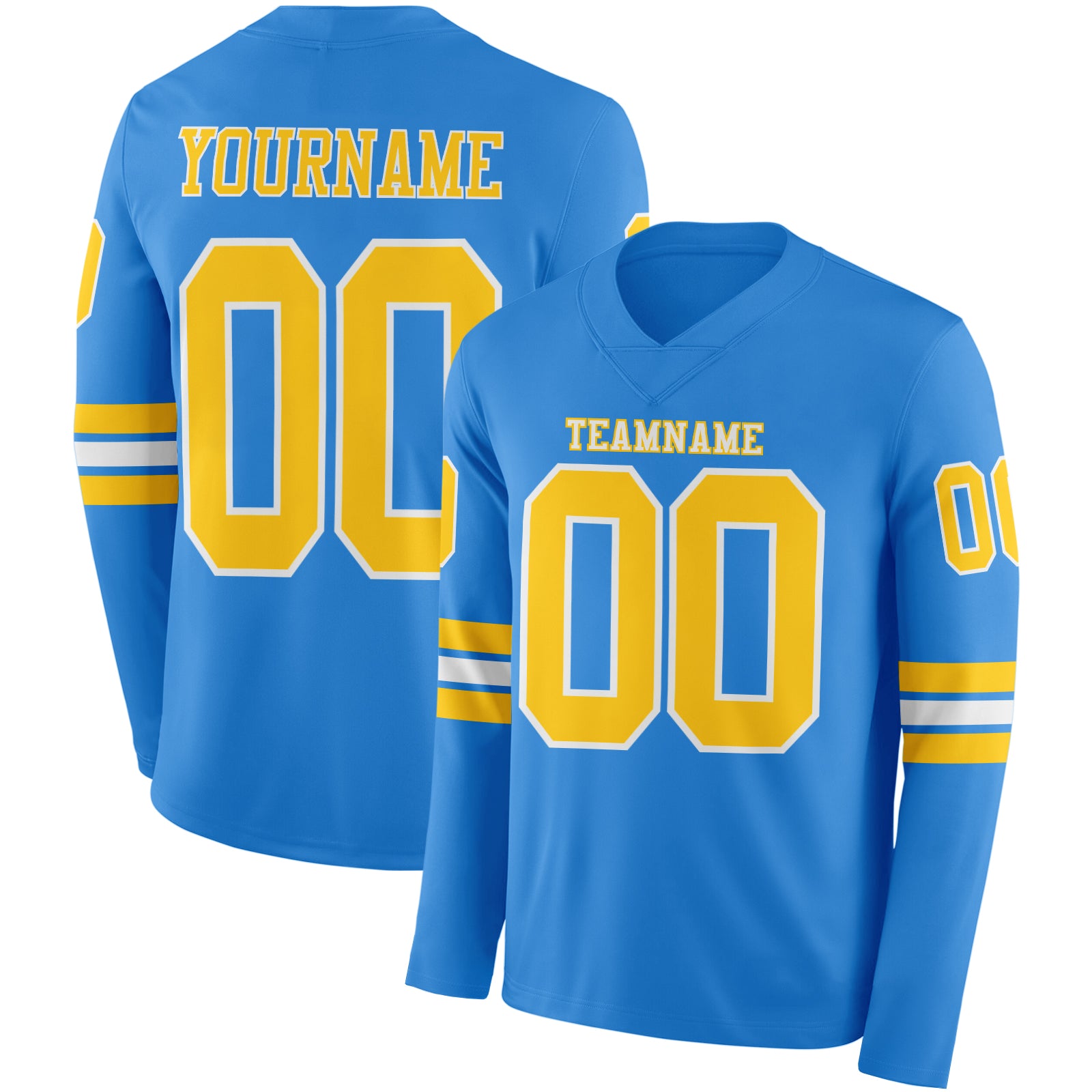 FansIdea Custom Powder Blue Yellow-White Long Sleeve Authentic Football Jersey - $24.99 at Proof Eyewear
