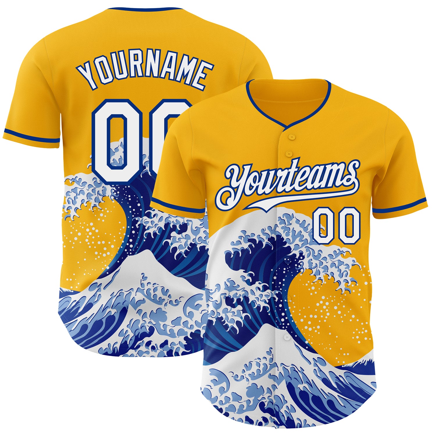 FansIdea Custom Gold White-Royal Japanese Wave Authentic Baseball Jersey - $29.99 at Proof Eyewear
