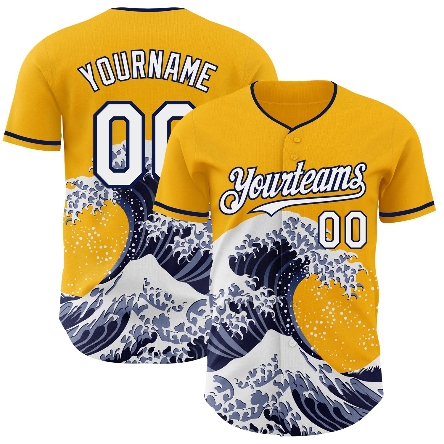 FansIdea Custom Gold White-Navy Japanese Wave Authentic Baseball Jersey - $29.99 at Proof Eyewear