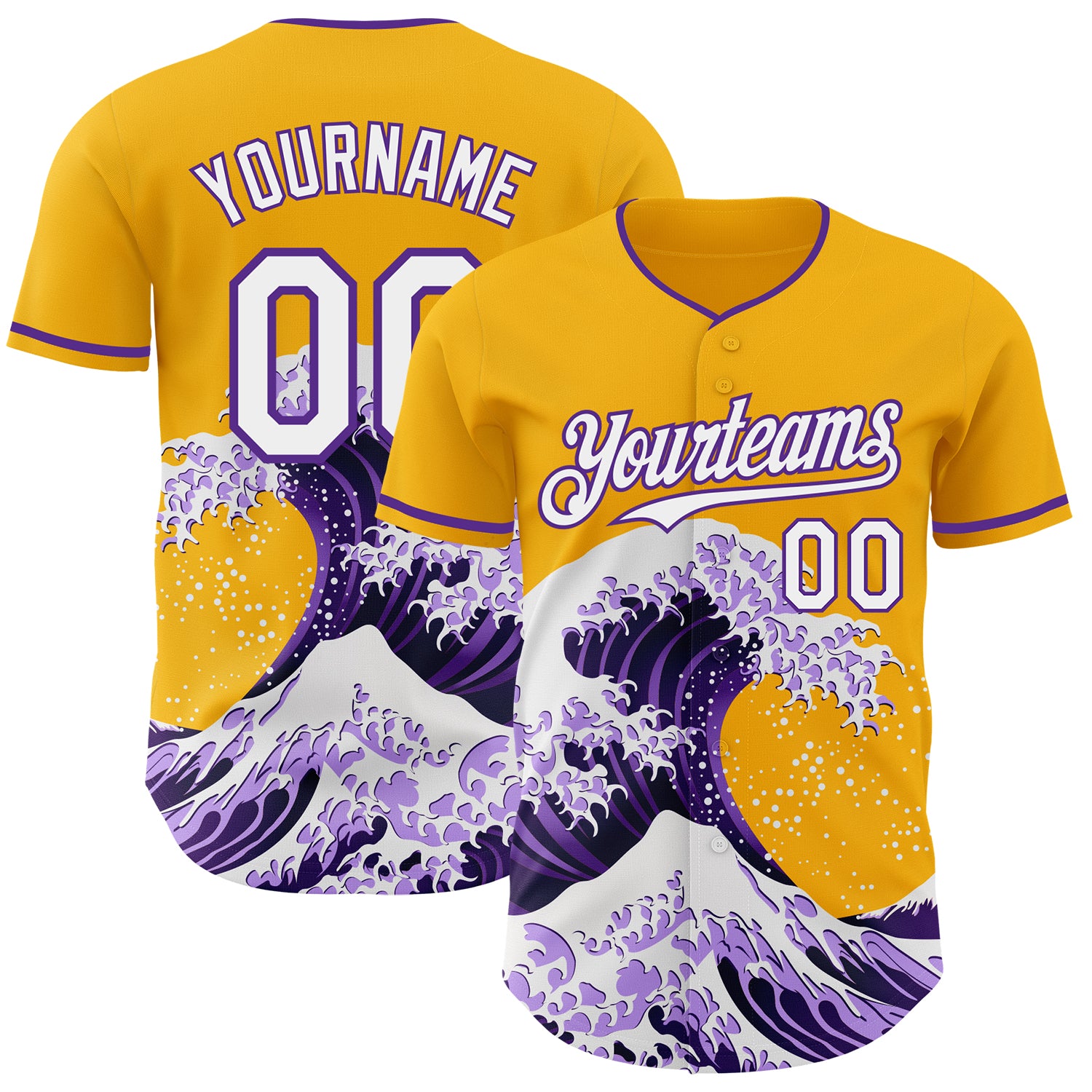 FansIdea Custom Gold White-Purple Japanese Wave Authentic Baseball Jersey - $29.99 at Proof Eyewear
