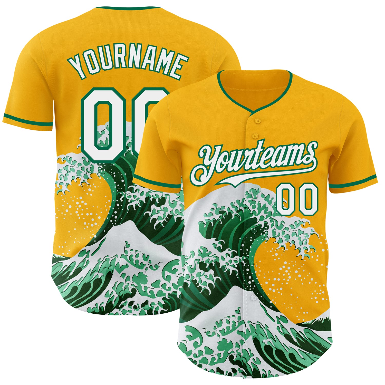 FansIdea Custom Gold White-Kelly Green Japanese Wave Authentic Baseball Jersey - $29.99 at Proof Eyewear