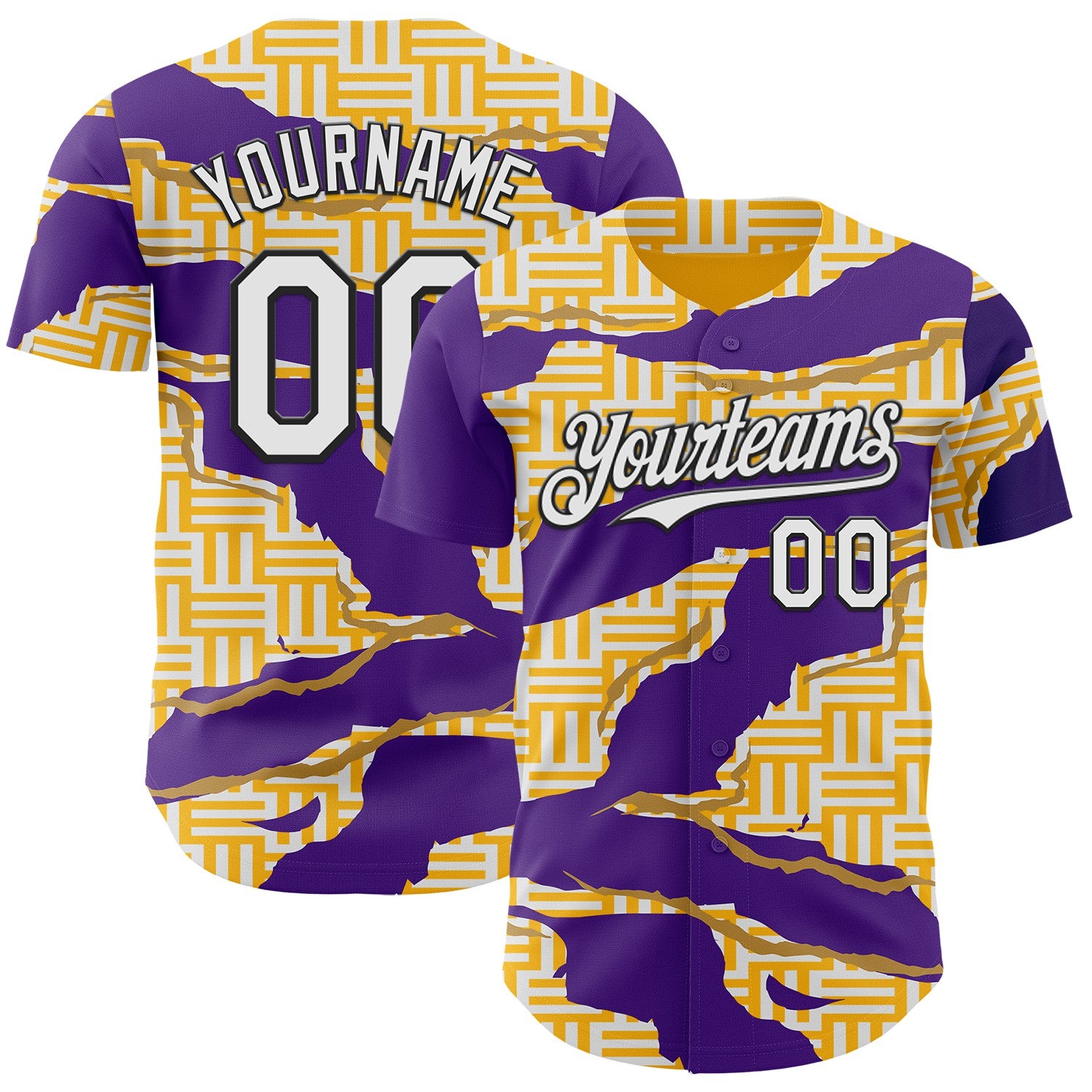 FansIdea Custom Gold White Purple-Black Geometric Patchwork Asymmetry Torn Authentic Baseball Jersey - $29.99 at Proof Eyewear