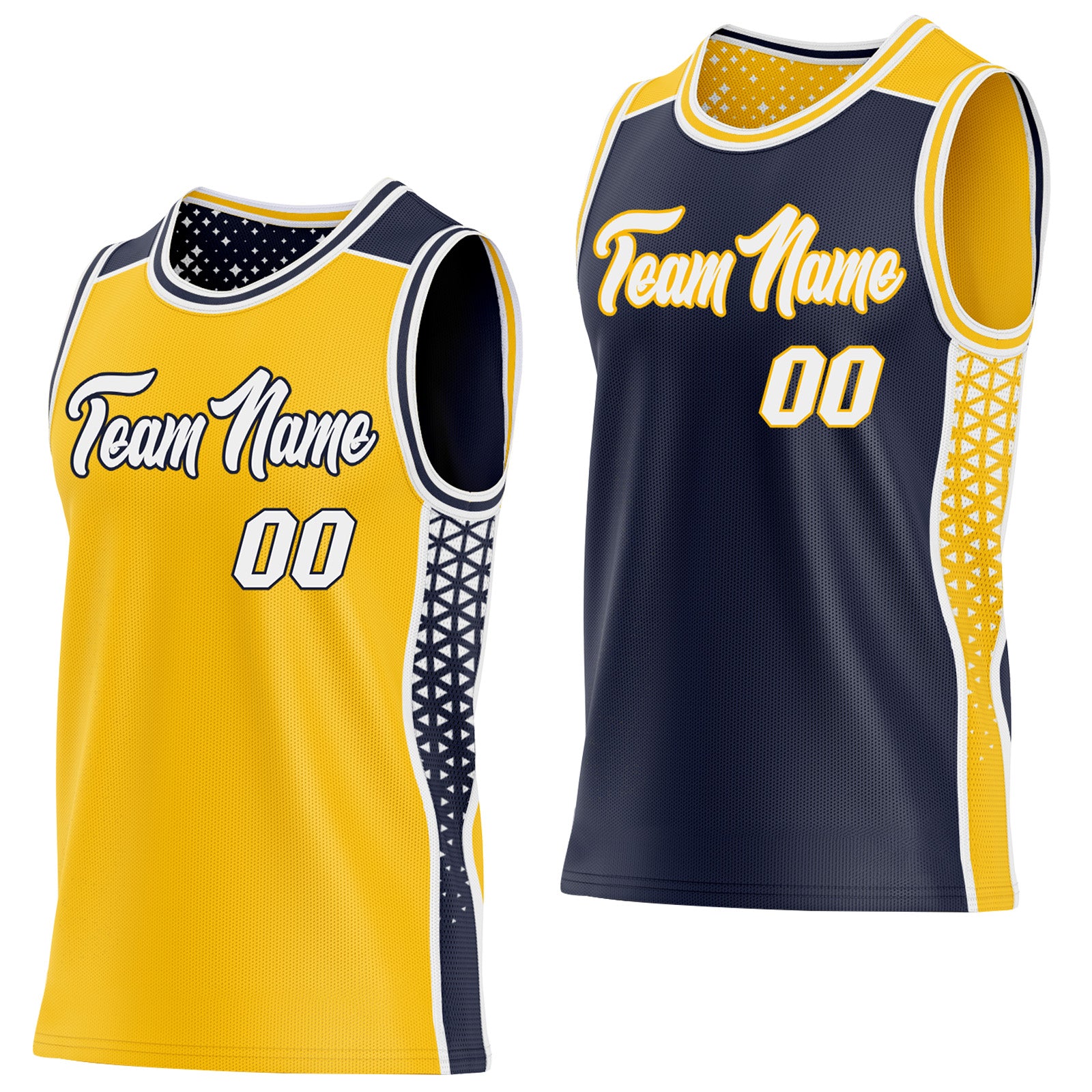 FansIdea Custom Gold White-Navy Side Panel Stripe Geometric Triangle Gradient Dot Reversible Double Side Sublimation Basketball Set Jersey - $17.99 at Proof Eyewear