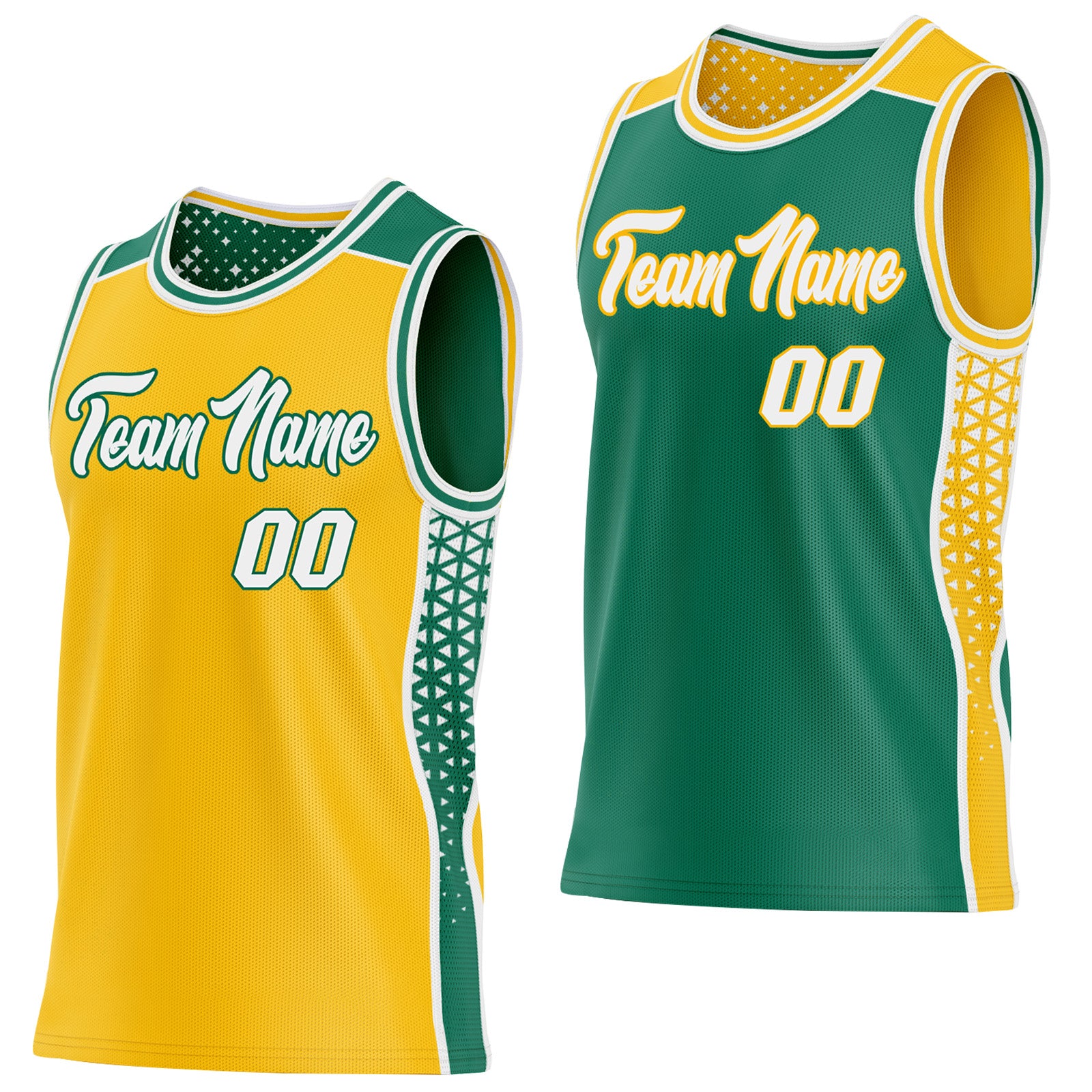 FansIdea Custom Gold White-Kelly Green Side Panel Stripe Geometric Triangle Gradient Dot Reversible Double Side Sublimation Basketball Set Jersey - $17.99 at Proof Eyewear